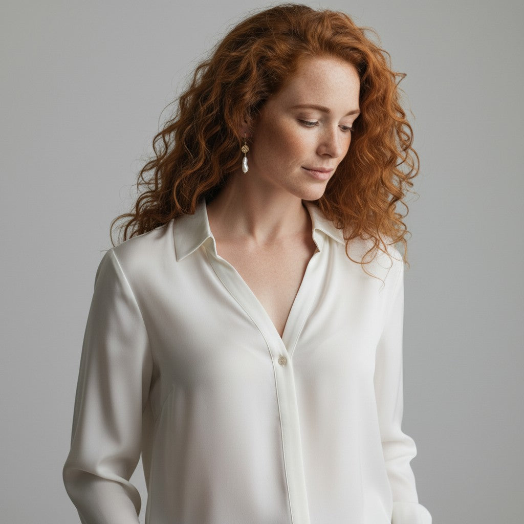 Woman wearing white baroque pearl drop earrings with a white blouse against a grey background