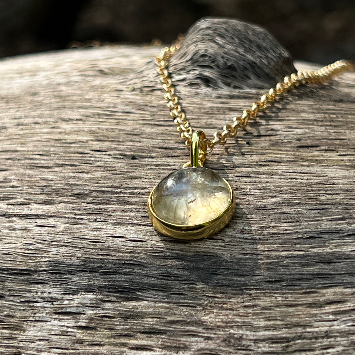 Citrine Cabochon Pendant With Inclusions on Long Baby Belcher Chain