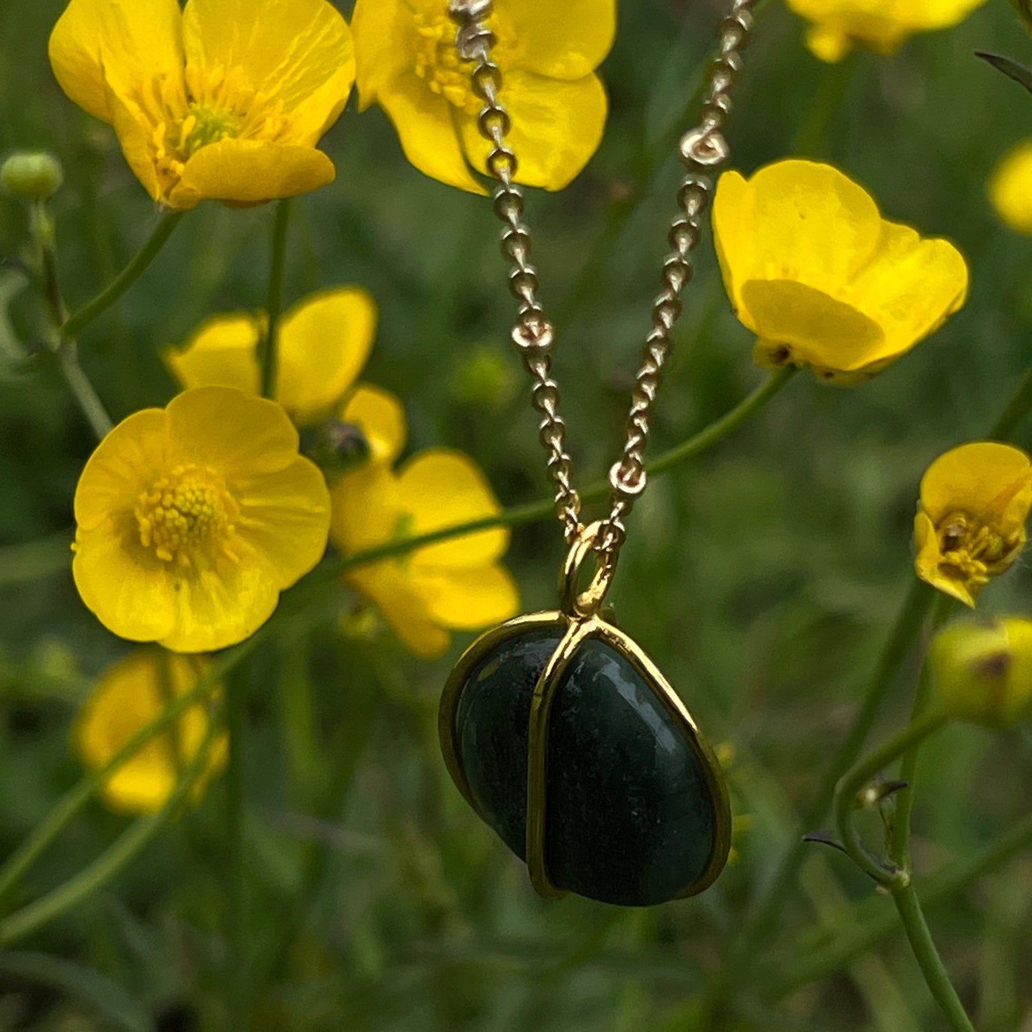 Long Sapphire & Emerald Rosary with Freeform Tumbled Emerald Pebble Pendant