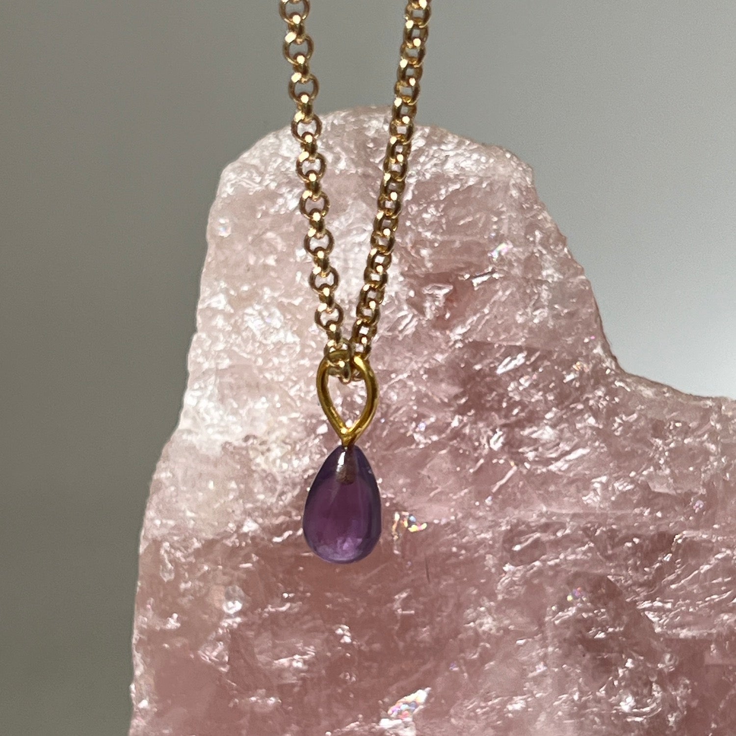 Amethyst Drop Pendant On Long Baby Belcher Chain