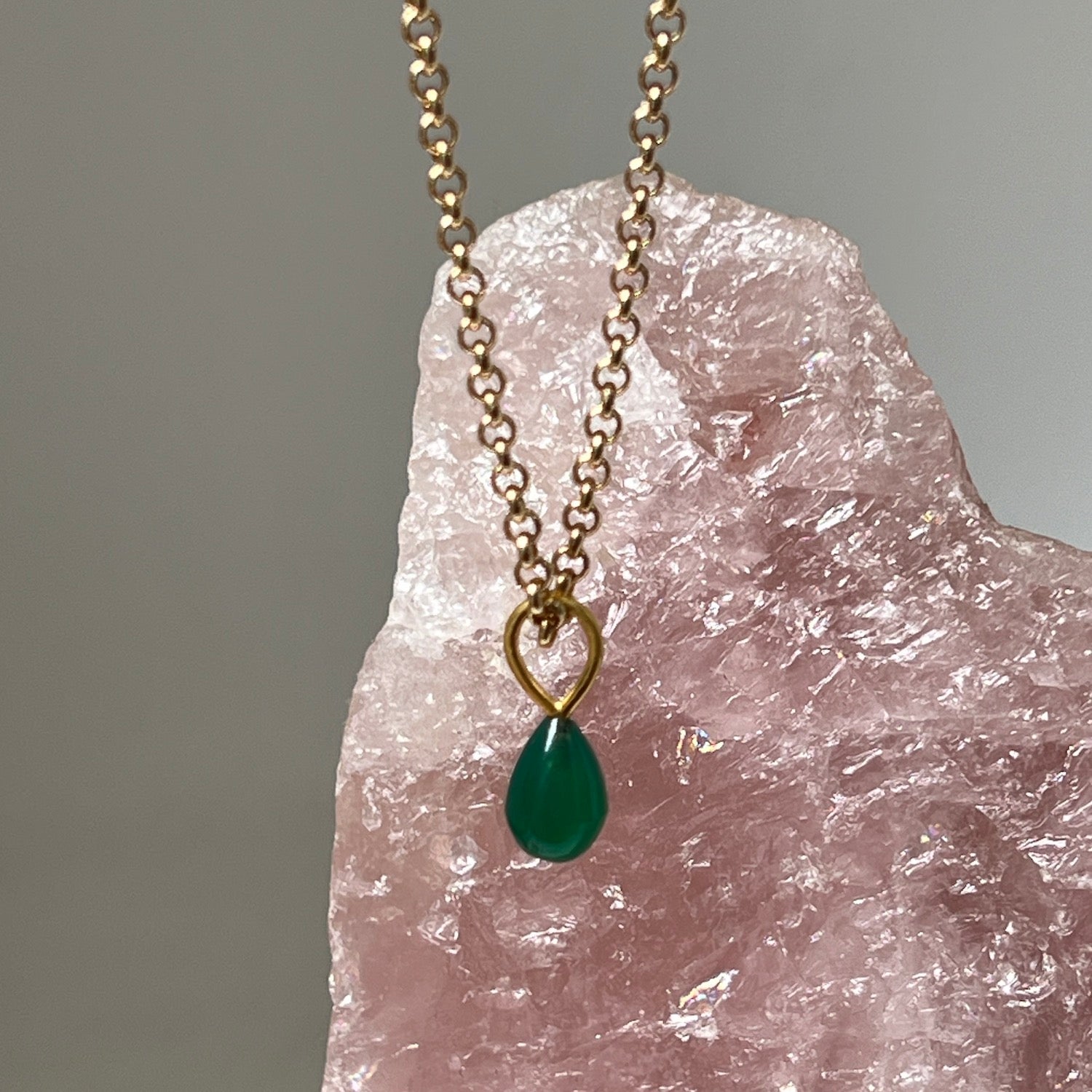 Green Onyx Drop Pendant On Long Baby Belcher Chain