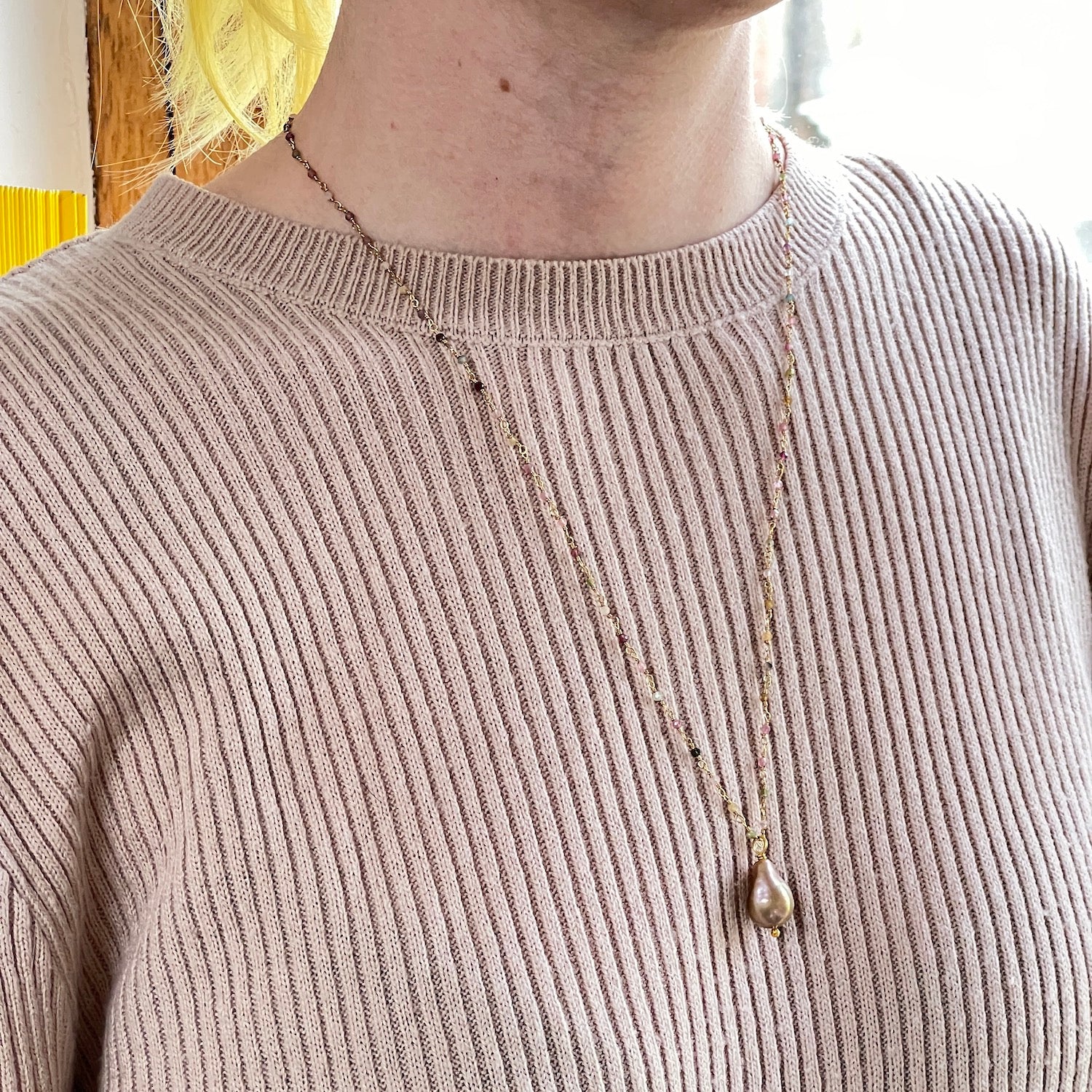 Baroque Pearl On Long Multi Tourmaline Rosary