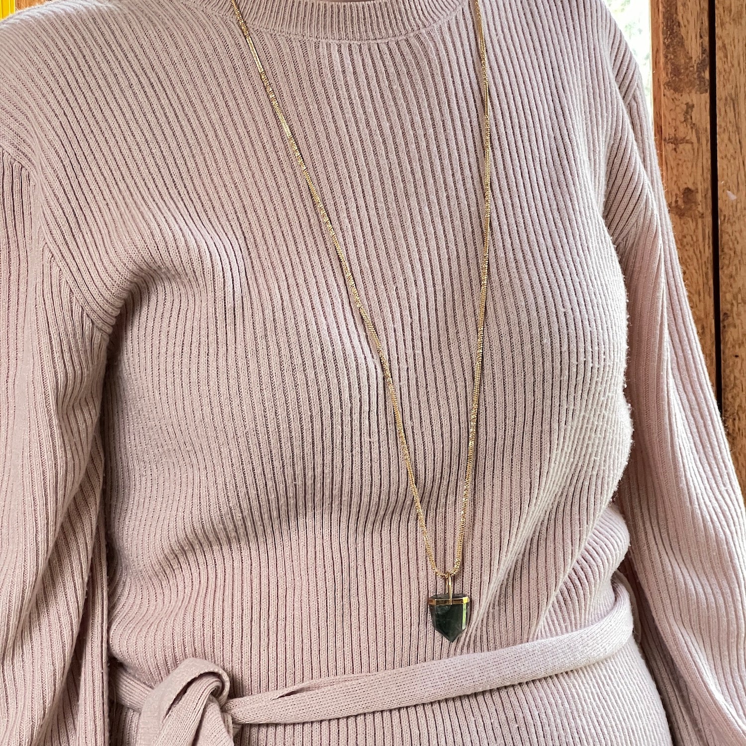 Unique Chlorite Point Pendant On Long Chaton Chain
