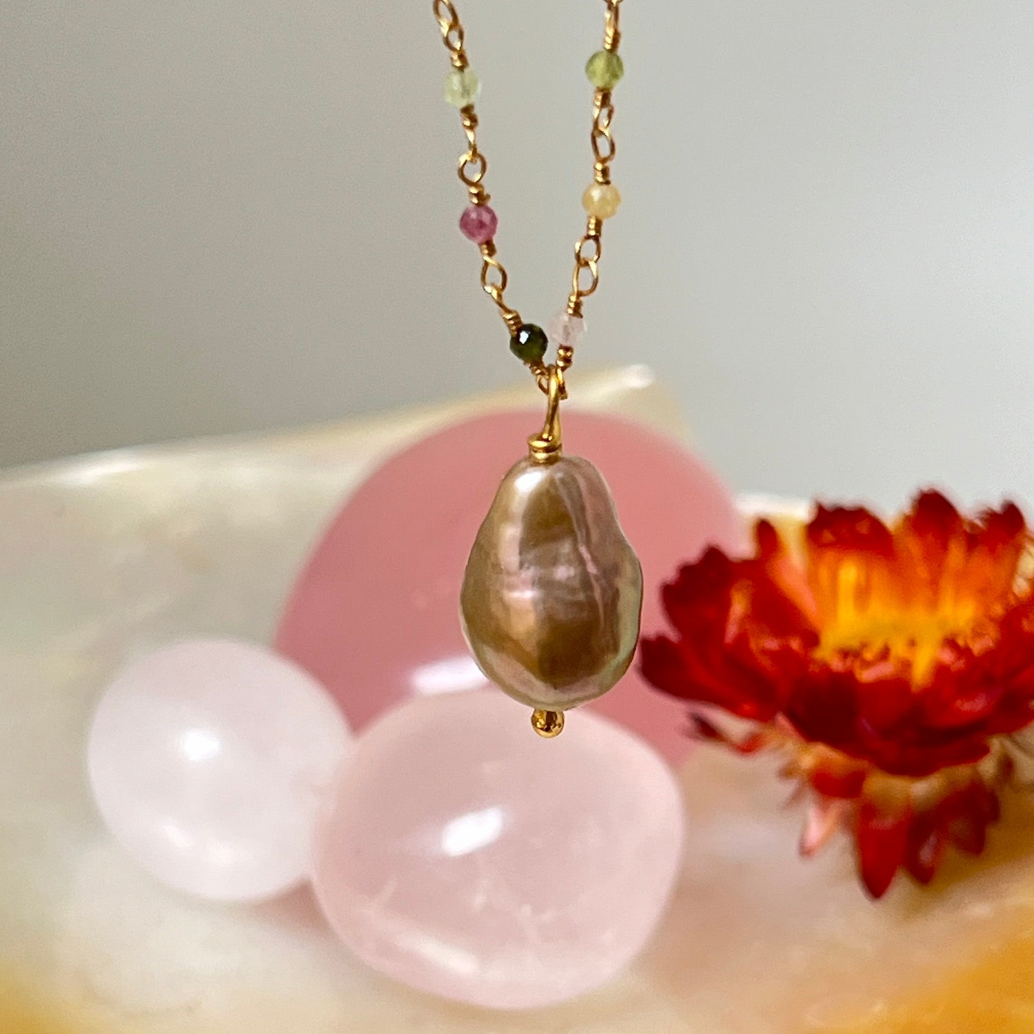 Baroque Pearl On Long Multi Tourmaline Rosary