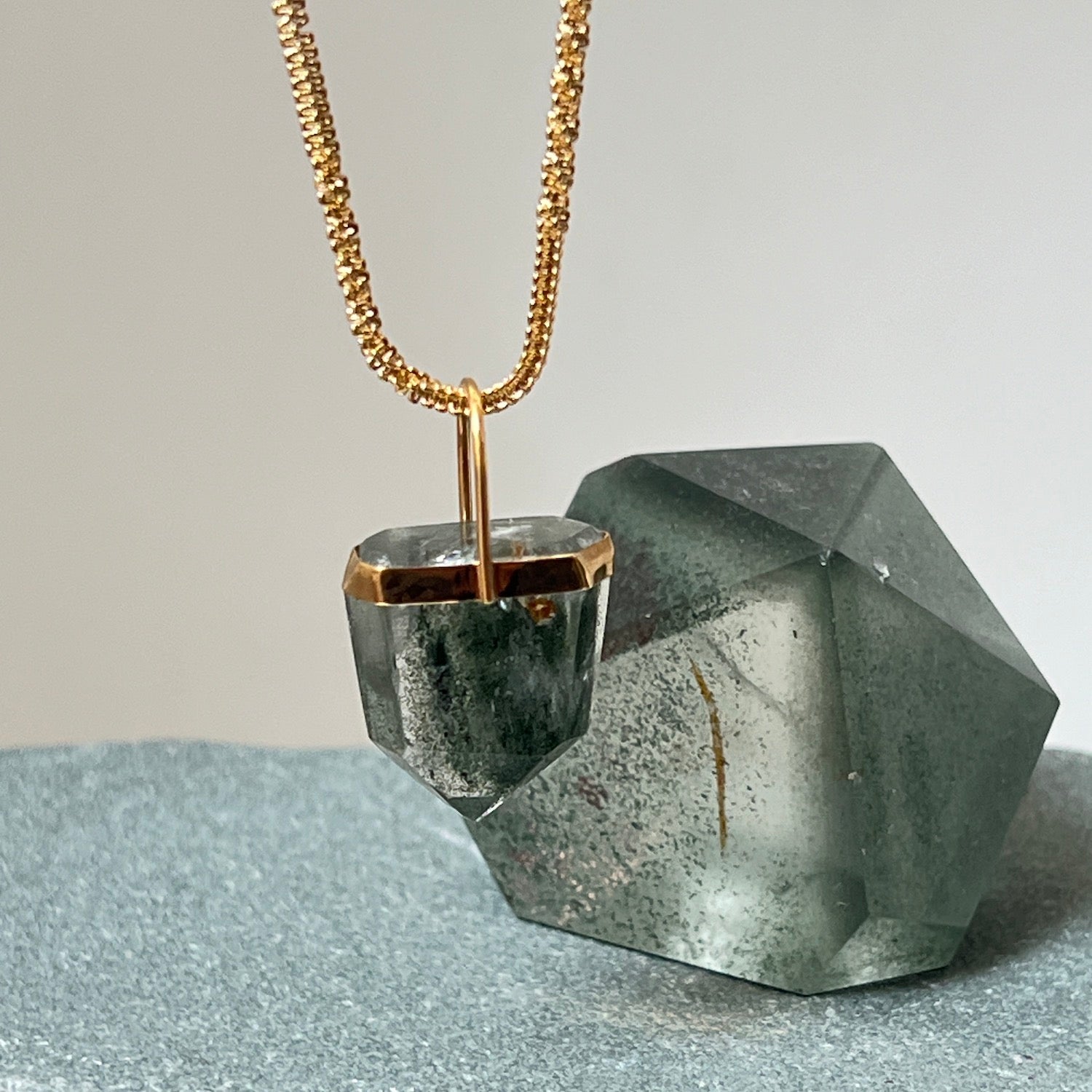 Unique Chlorite Point Pendant On Long Chaton Chain