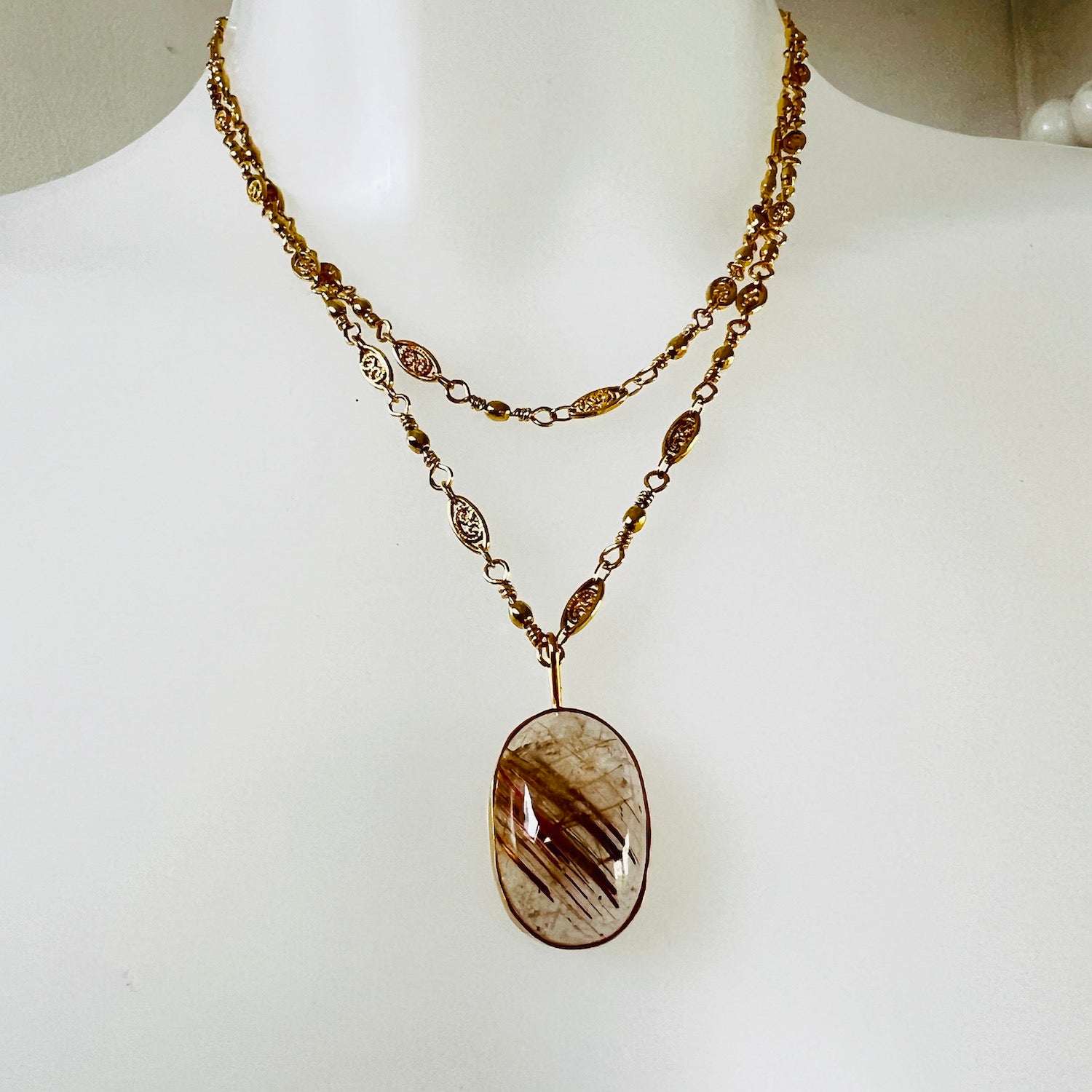 Unique Rutilated Quartz Pendant On Long Louise Chain