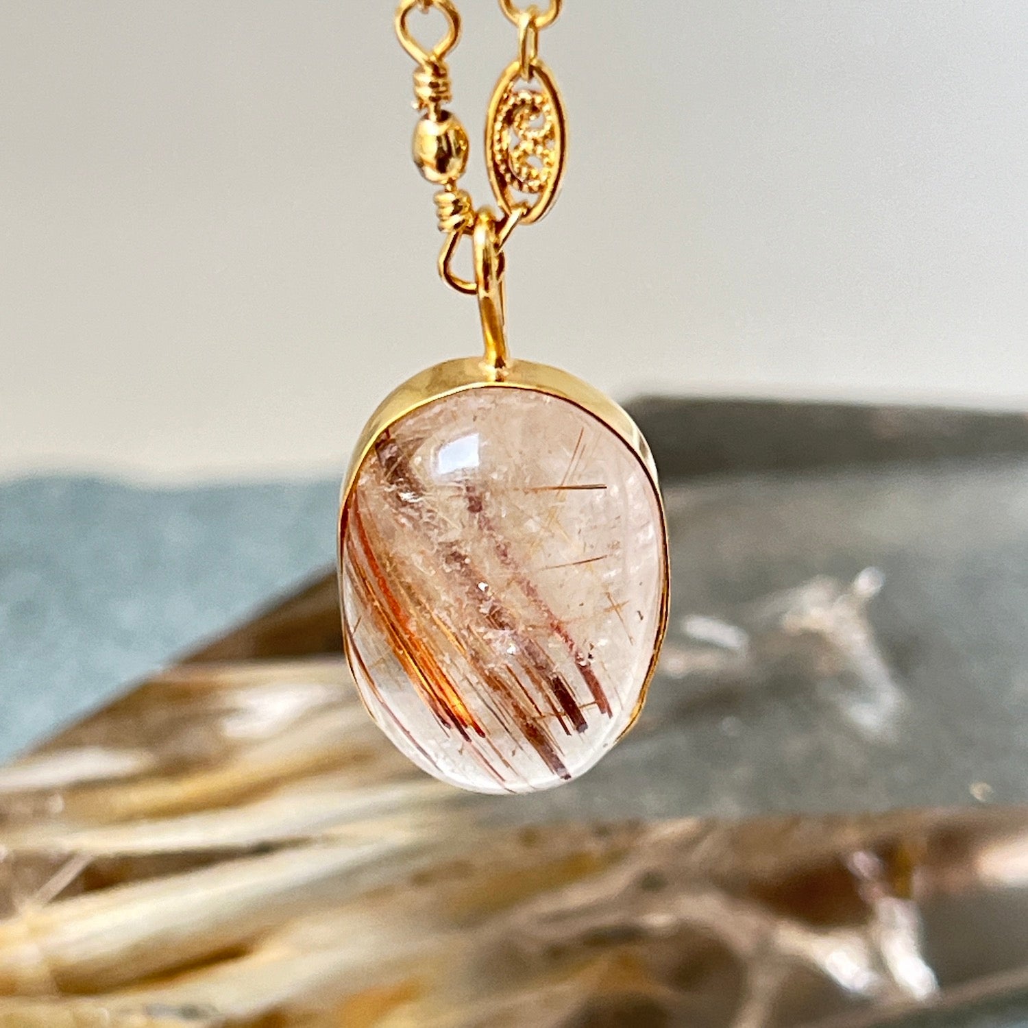Unique Rutilated Quartz Pendant On Long Louise Chain