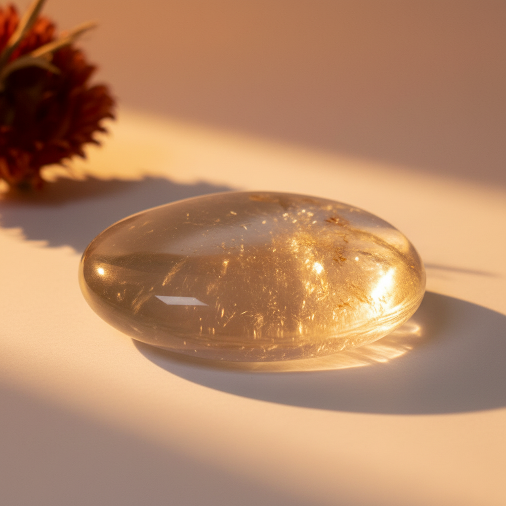 Palm stone Rock crystal with golden healer inclusions