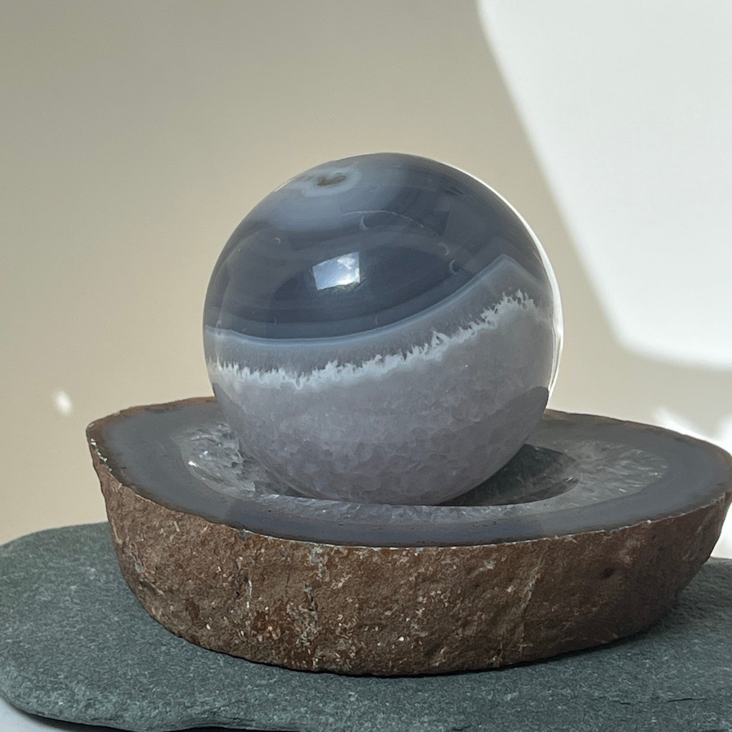 Unusual Grey Agate set with Sphere on Bowl