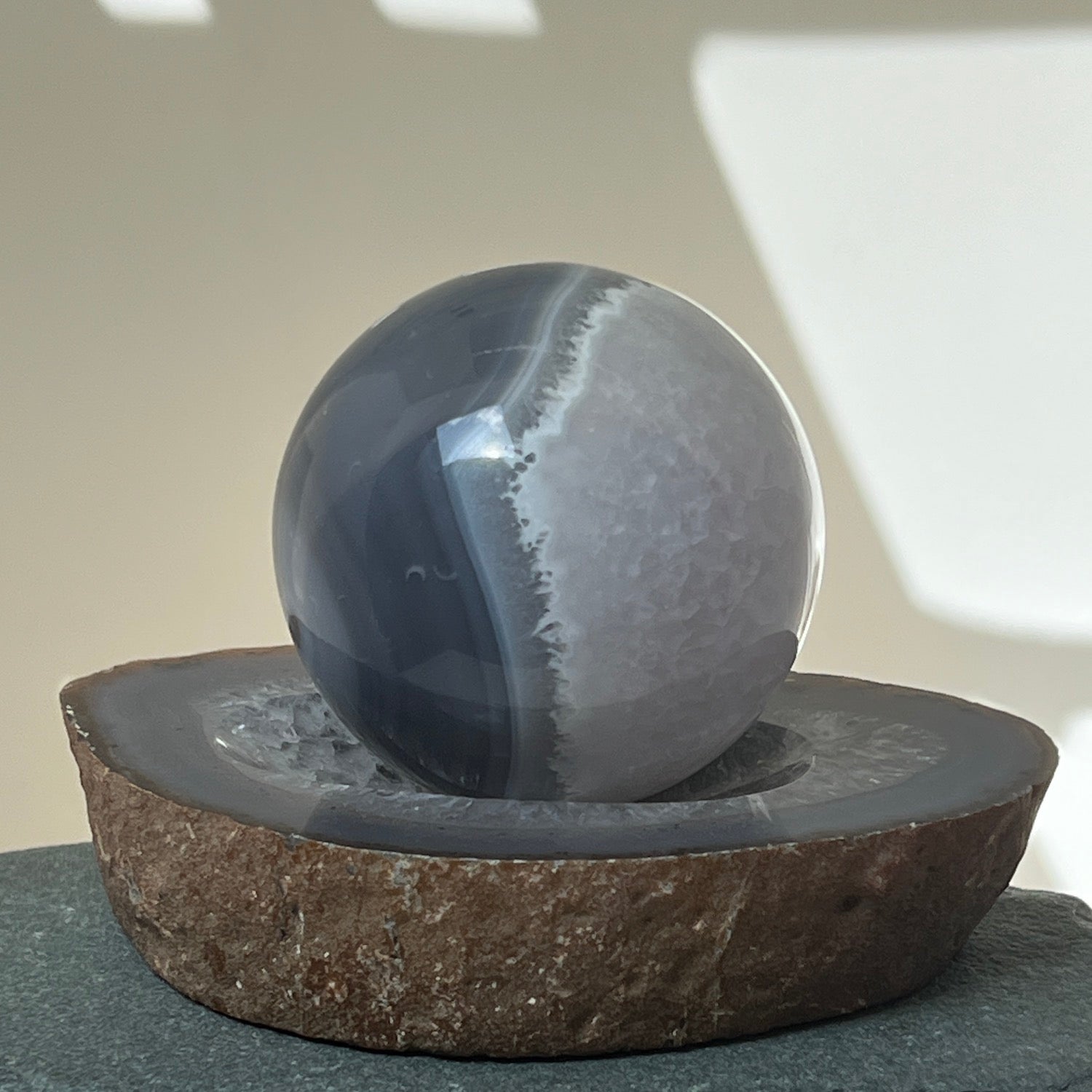 Unusual Grey Agate set with Sphere on Bowl