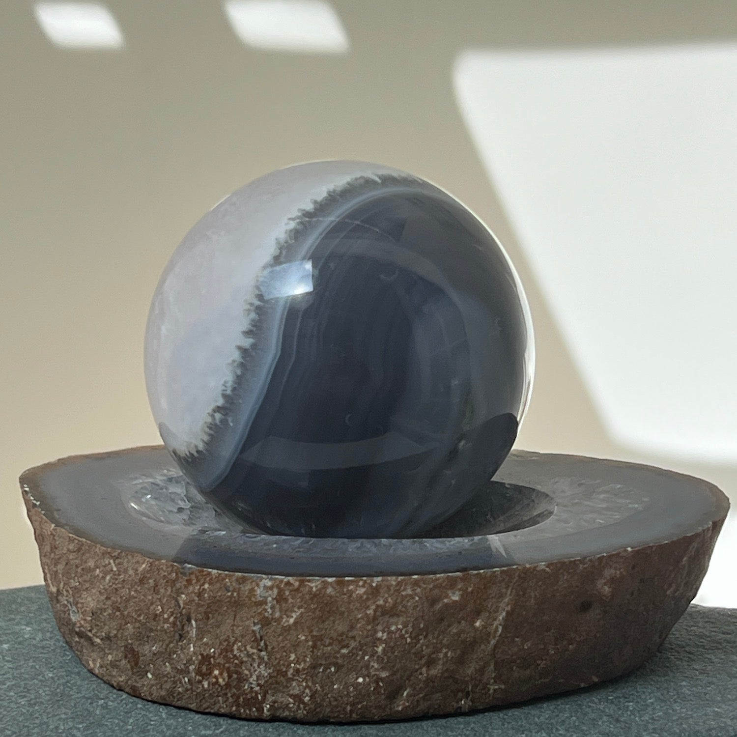 Unusual Grey Agate set with Sphere on Bowl