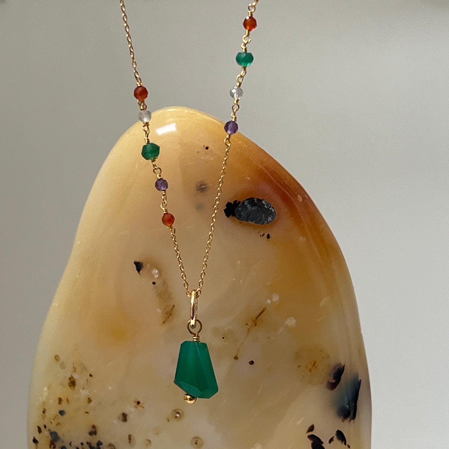 Long Asymmetric Semi Precious Rosary With Unique Baguette Green Onyx Pendant