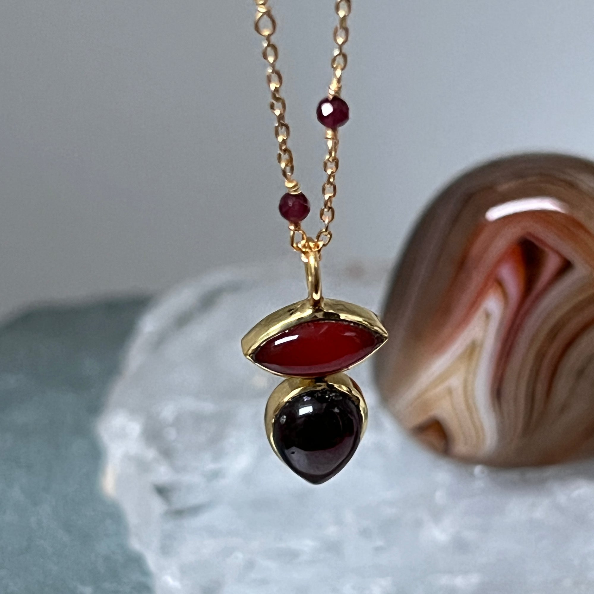 Indira Two Stone Red Onyx And Garnet Pendant Fancy Rosary or Satellite chain