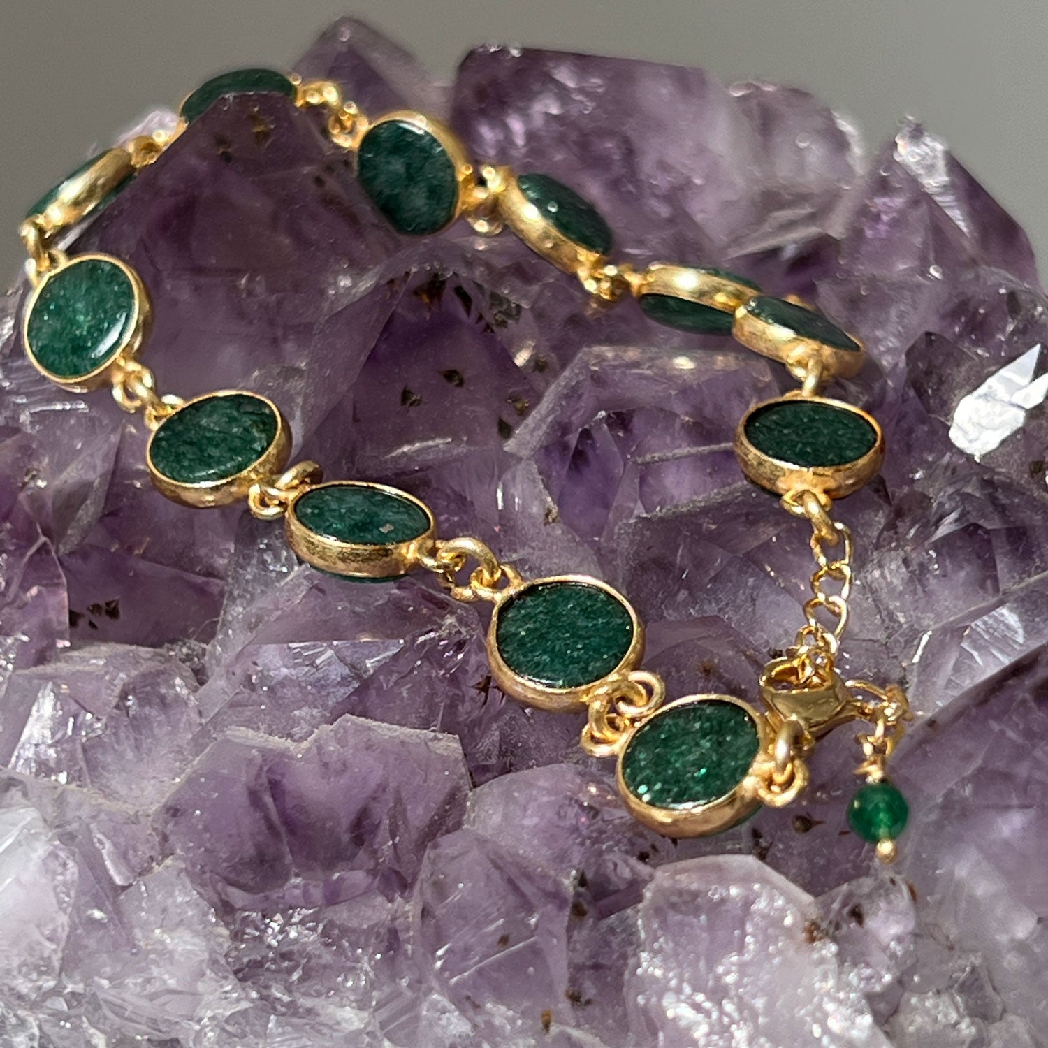 Jade Confetti Gemstone 22ct Gold Plated Bracelet on a bed of crystals