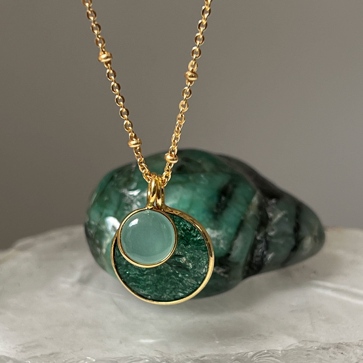 Duo Jade & Aqua Chalcedony Pendant on long Satellite Chain