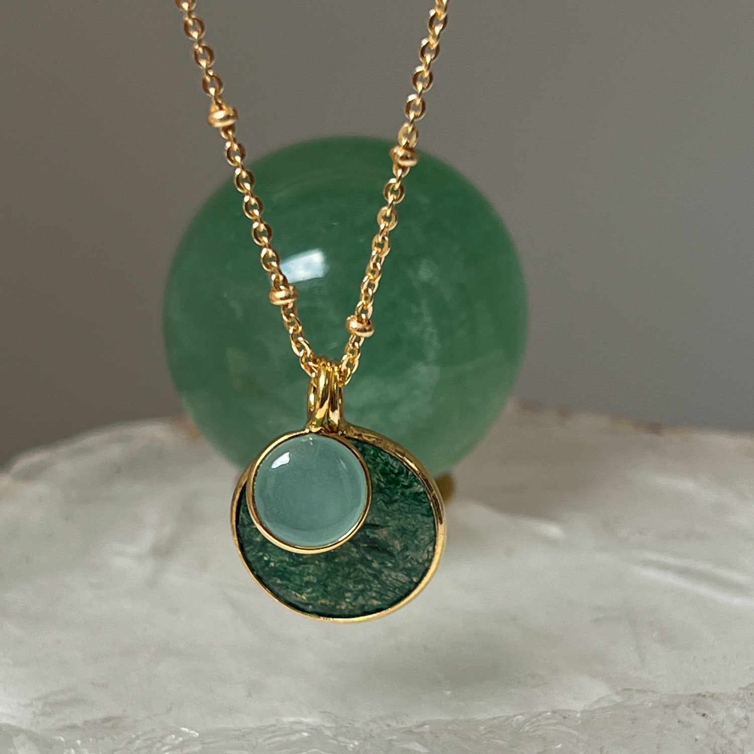 Duo Jade & Aqua Chalcedony Pendant on long Satellite Chain