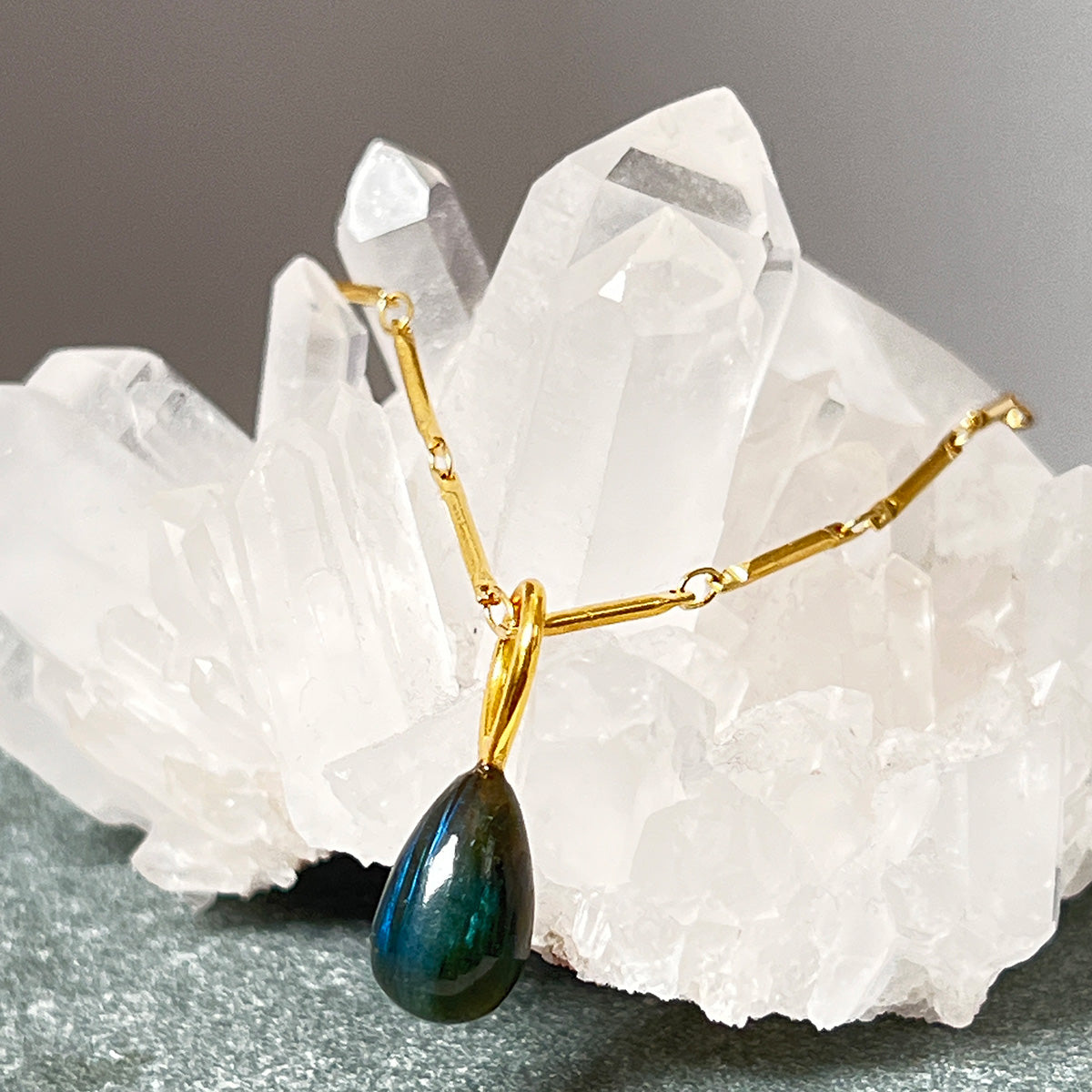 Labradorite Pear Drop Pendant — Long Tula Chain