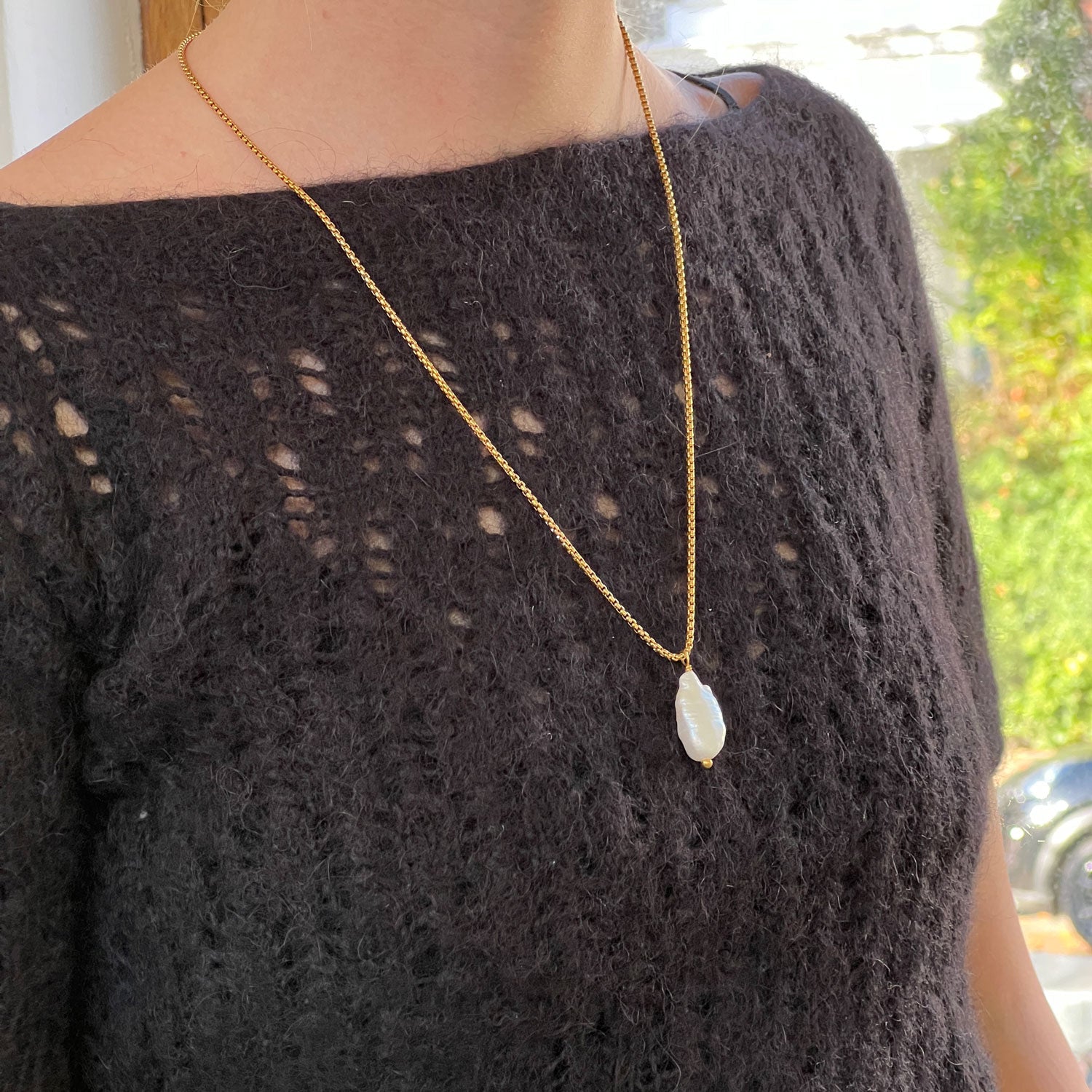 Long Baroque Pearl Pendant on Slim Box Chain