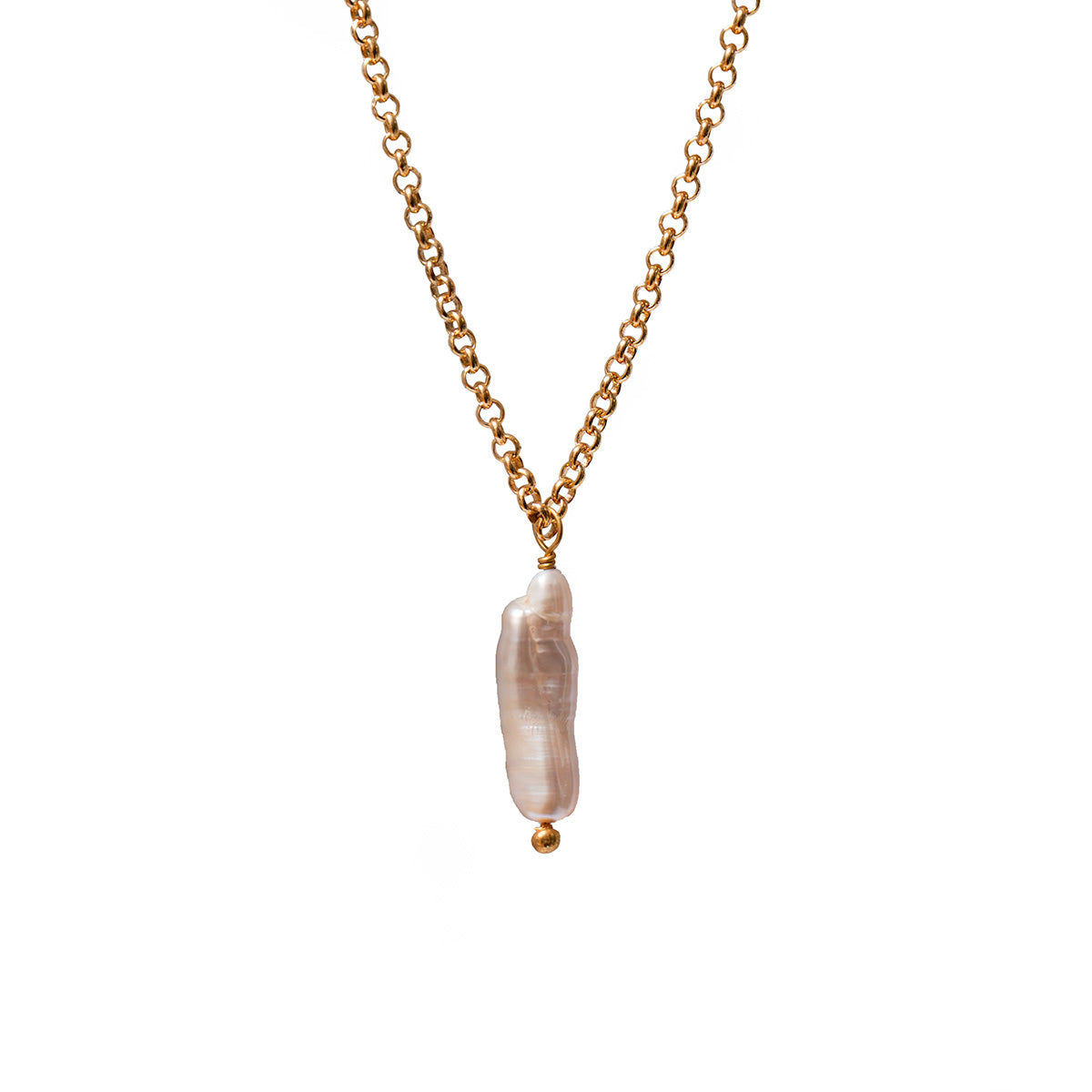 Gold belcher chain necklace with a baroque pearl pendant on a white background