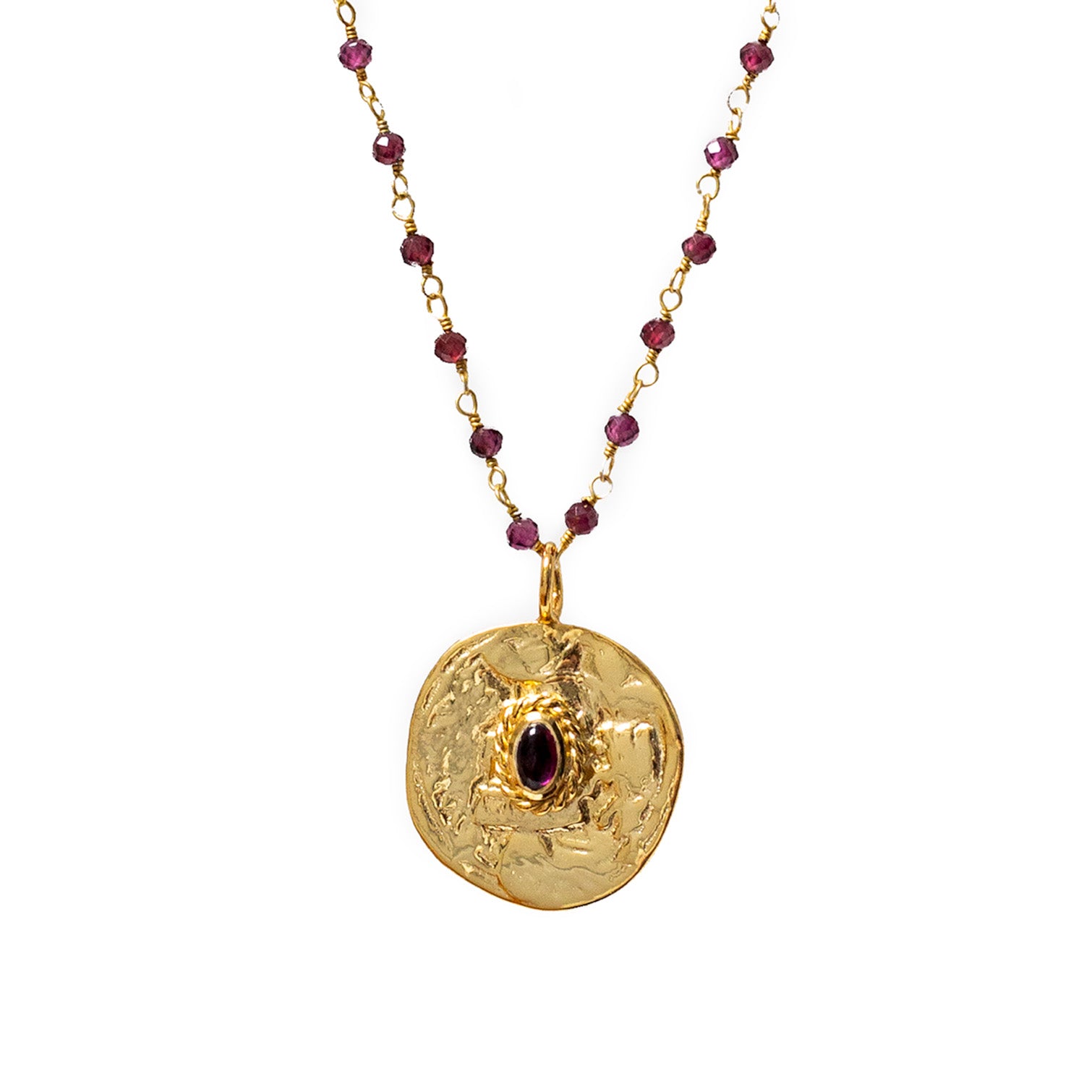 Athena Large round medal with garnet On Garnet rosary