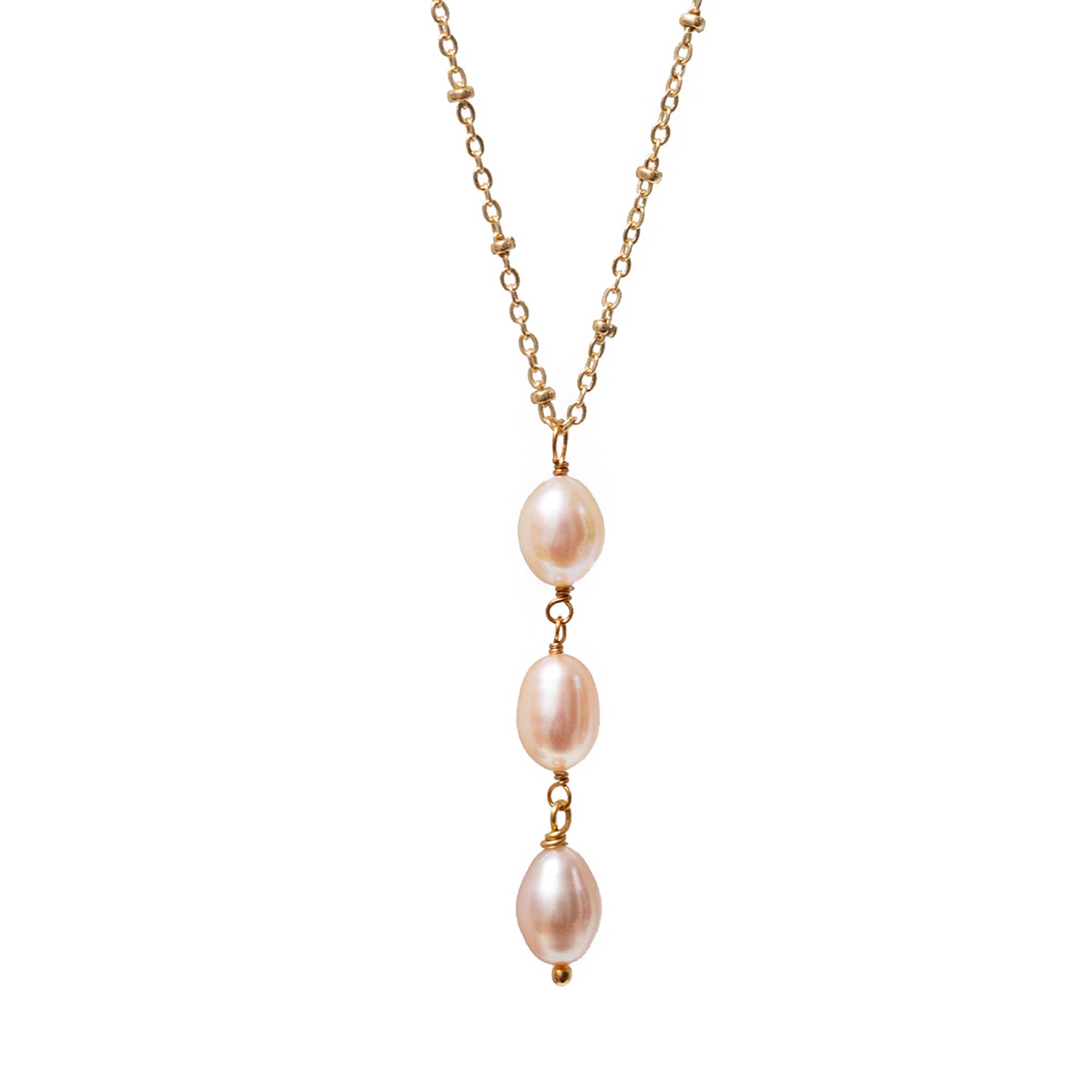 Three Pink Pearl Necklace On Short Satellite Chain