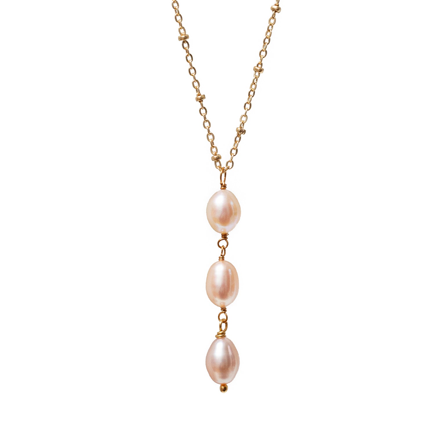 Three Pink Pearl Necklace On Short Satellite Chain