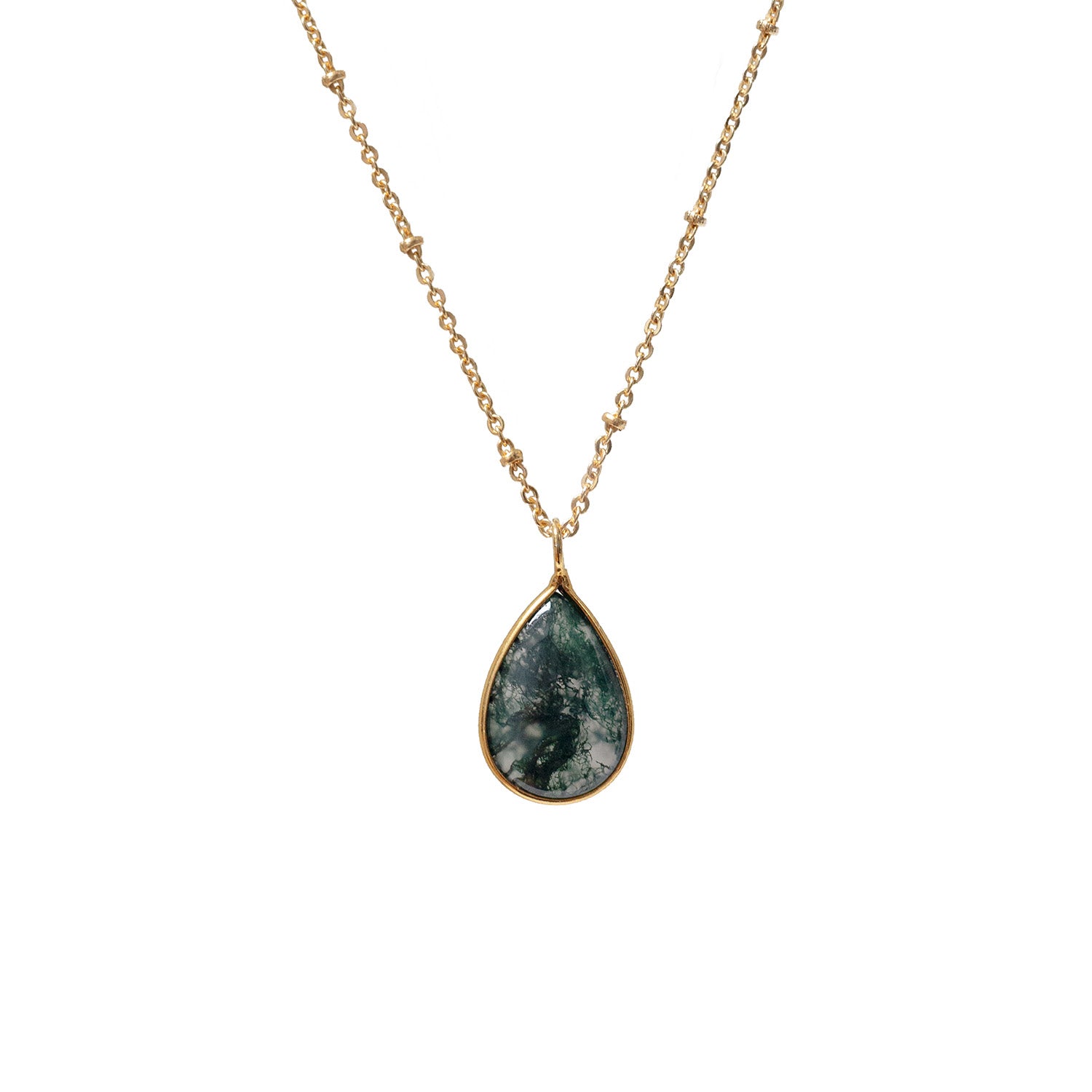 Drop Moss Agate Pendant On Rosary or satellite chain