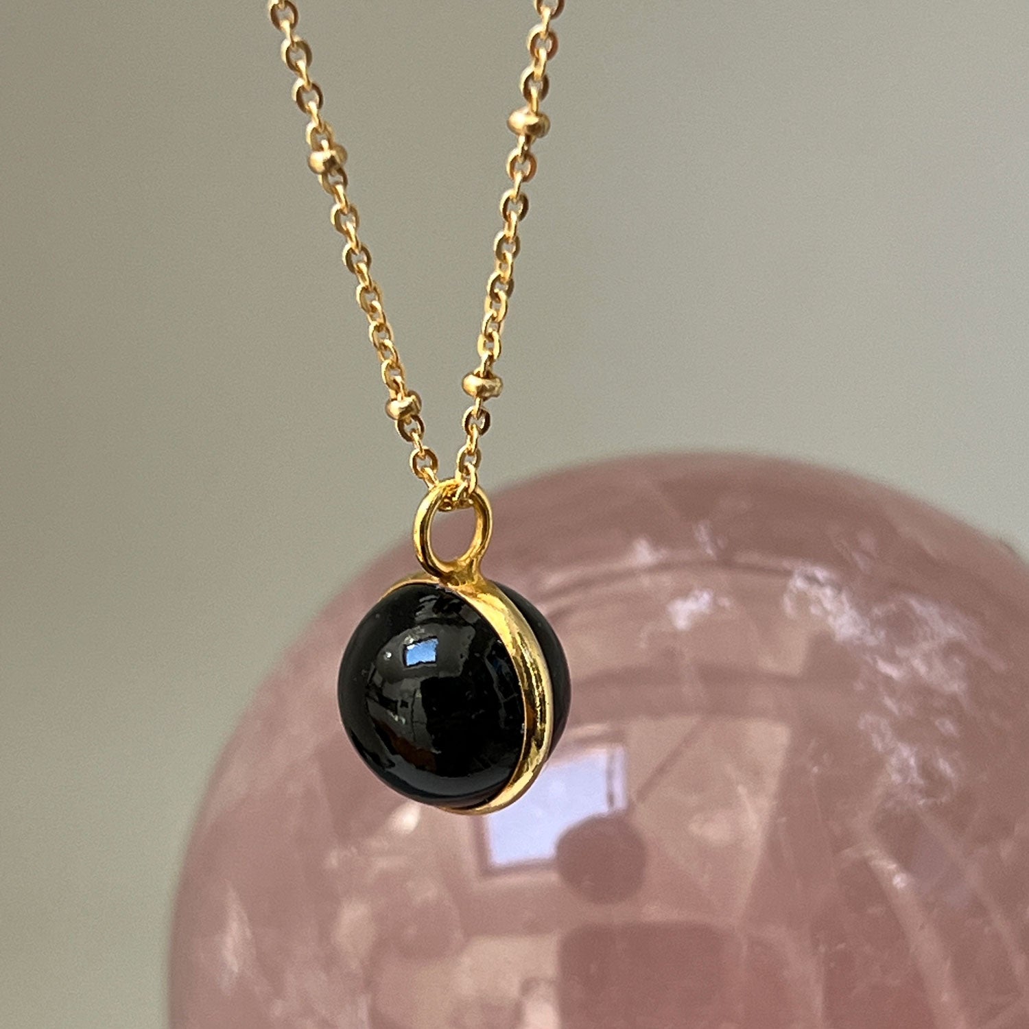 Magic Black Onyx Ball Pendant on Long Satellite Chain