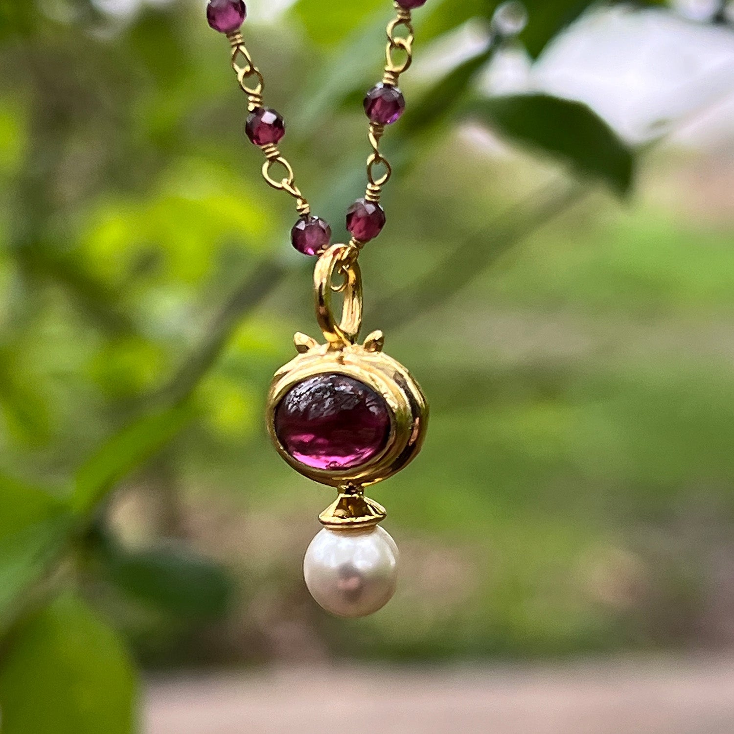Margot Garnet and Pearl Pendant On Short Rosary Garnet