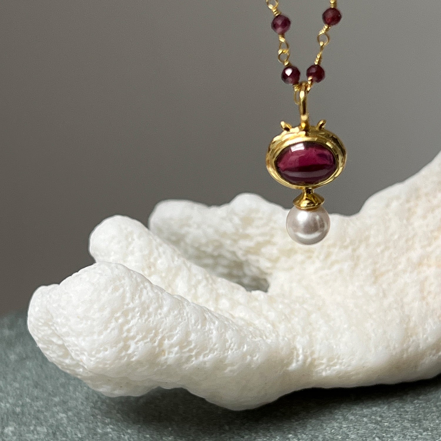 Margot Garnet and Pearl Pendant On Short Rosary Garnet