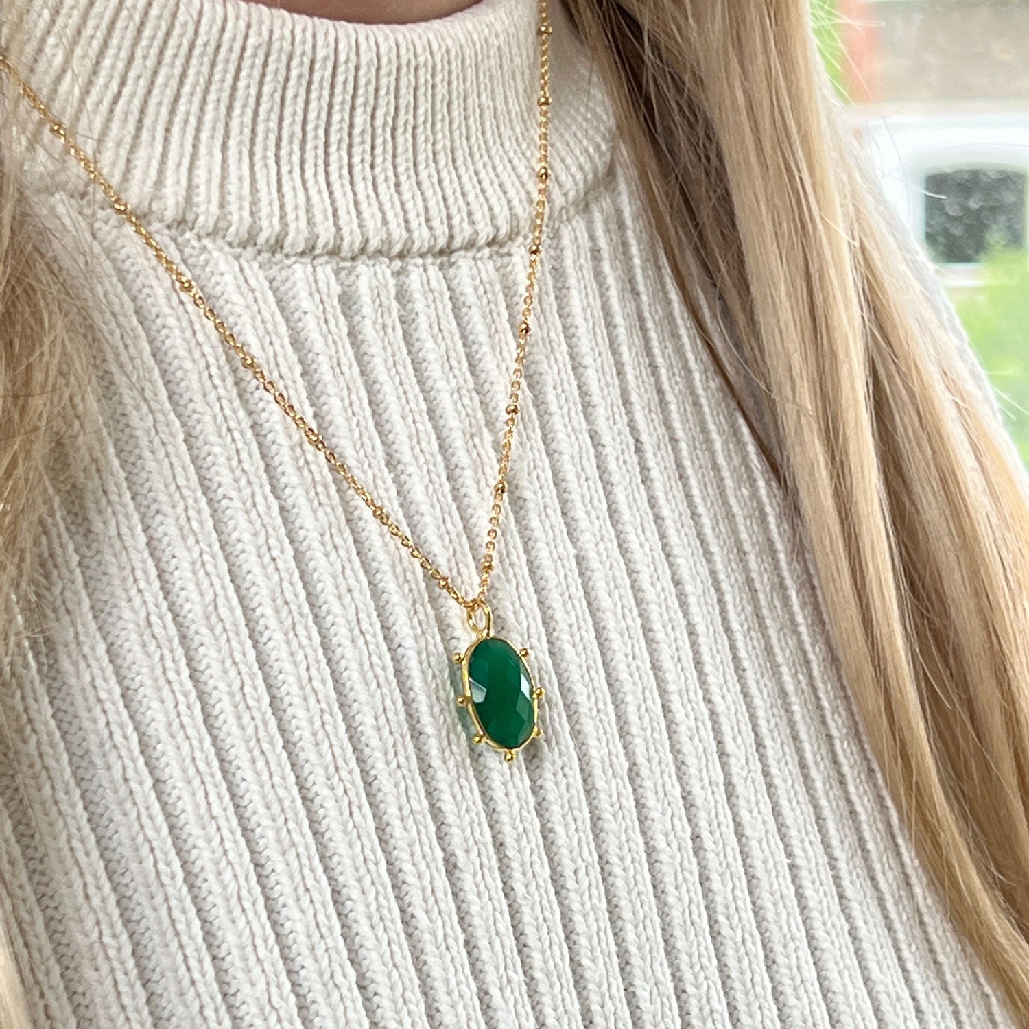 Astrid Green Onyx Pendant on Short Satellite Chain