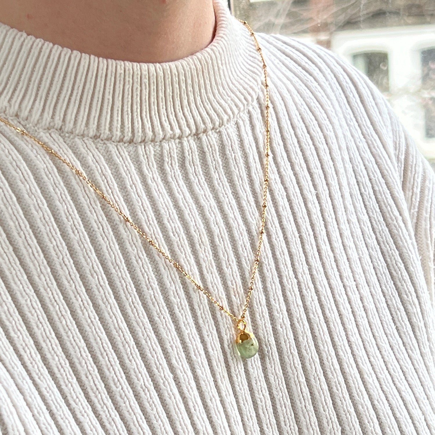 Mini Pebble Pendant Prehnite On Short Satellite Chain