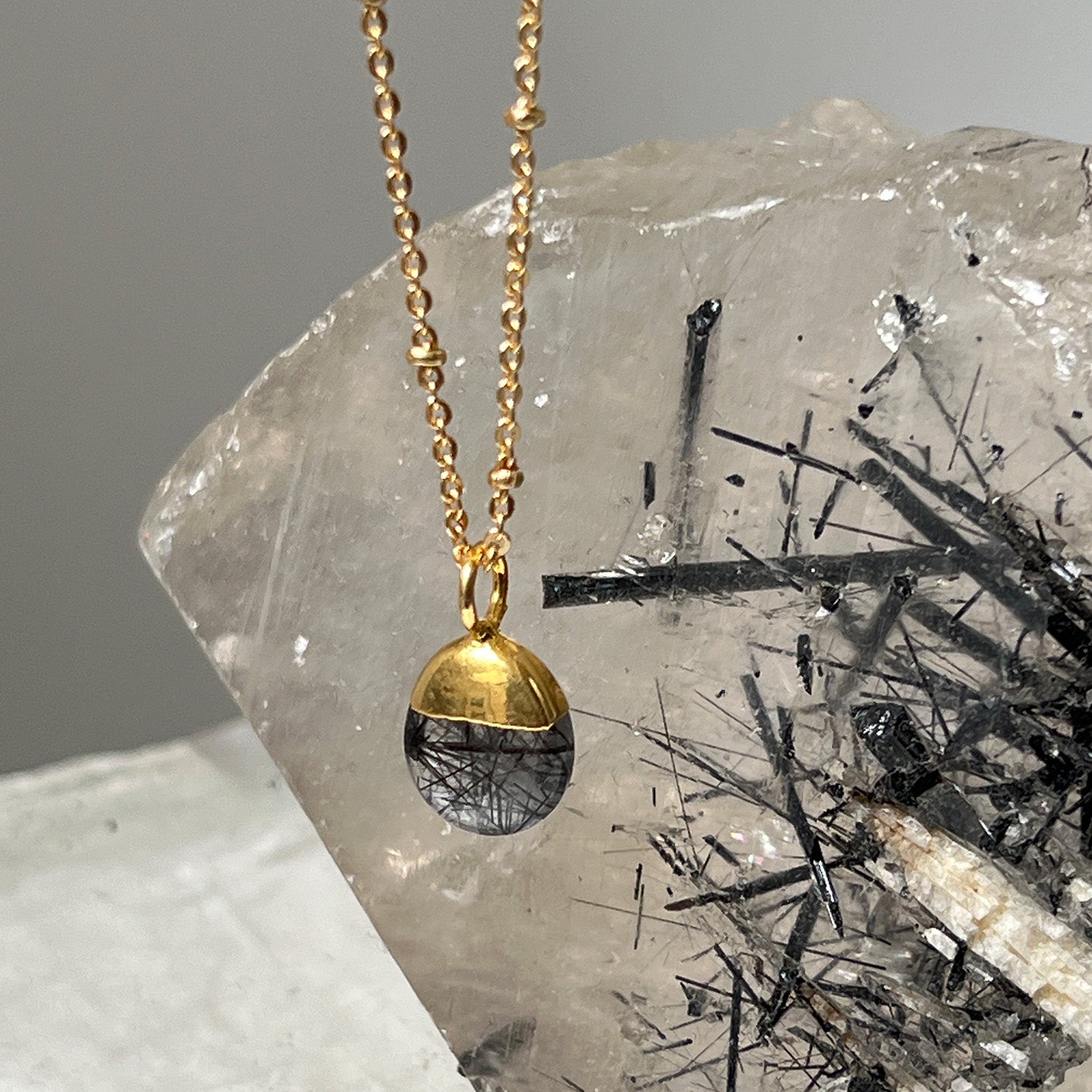 Mini Pebble Pendant Black Rutilated Quartz on Short Satellite chain