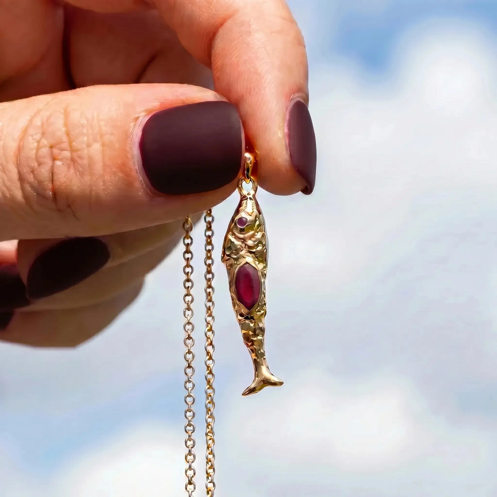 Exotic Green Onyx Or Pink Sillimanite Fish Pendant On Long Baby Belcher Chain