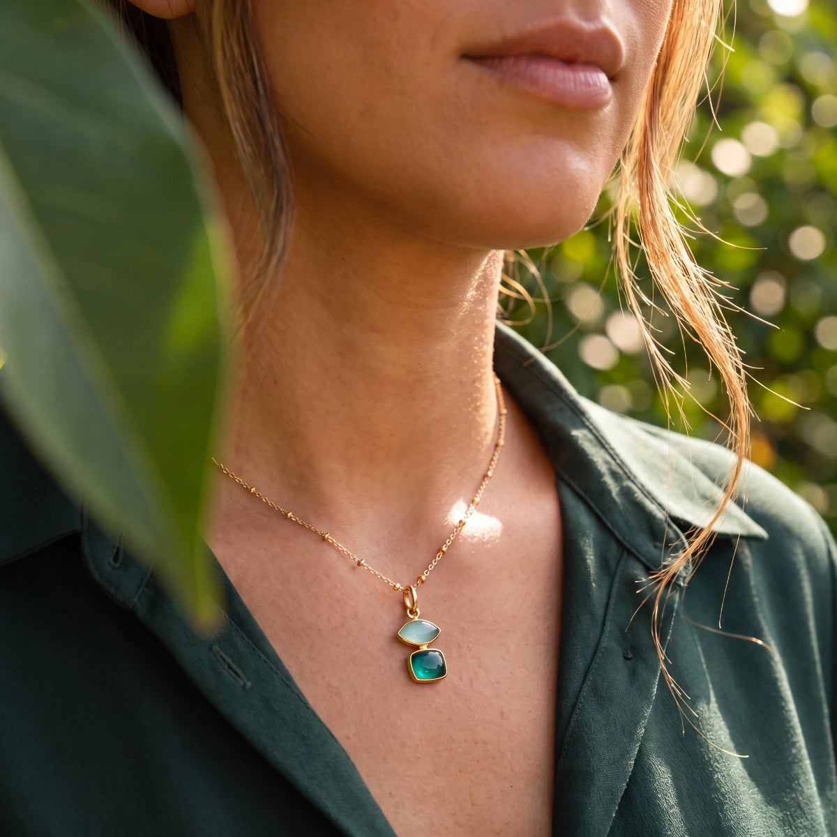 Beryl Aqua Chalcedony & Green Onyx Pendant On Satellite Chain