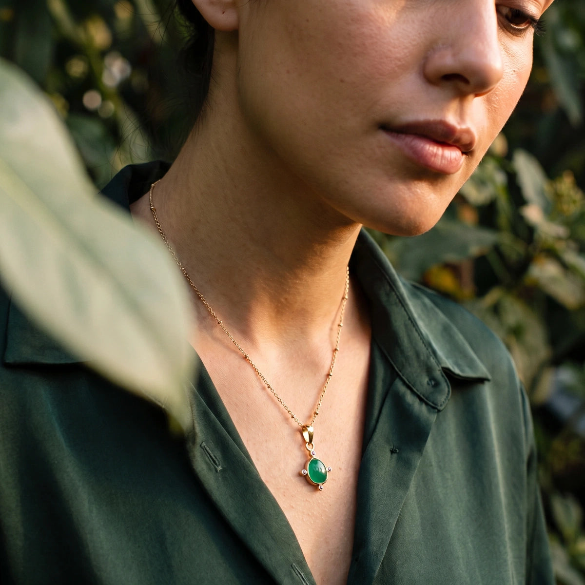 Serena Large Green Onyx Pendant On Short Satellite Chain