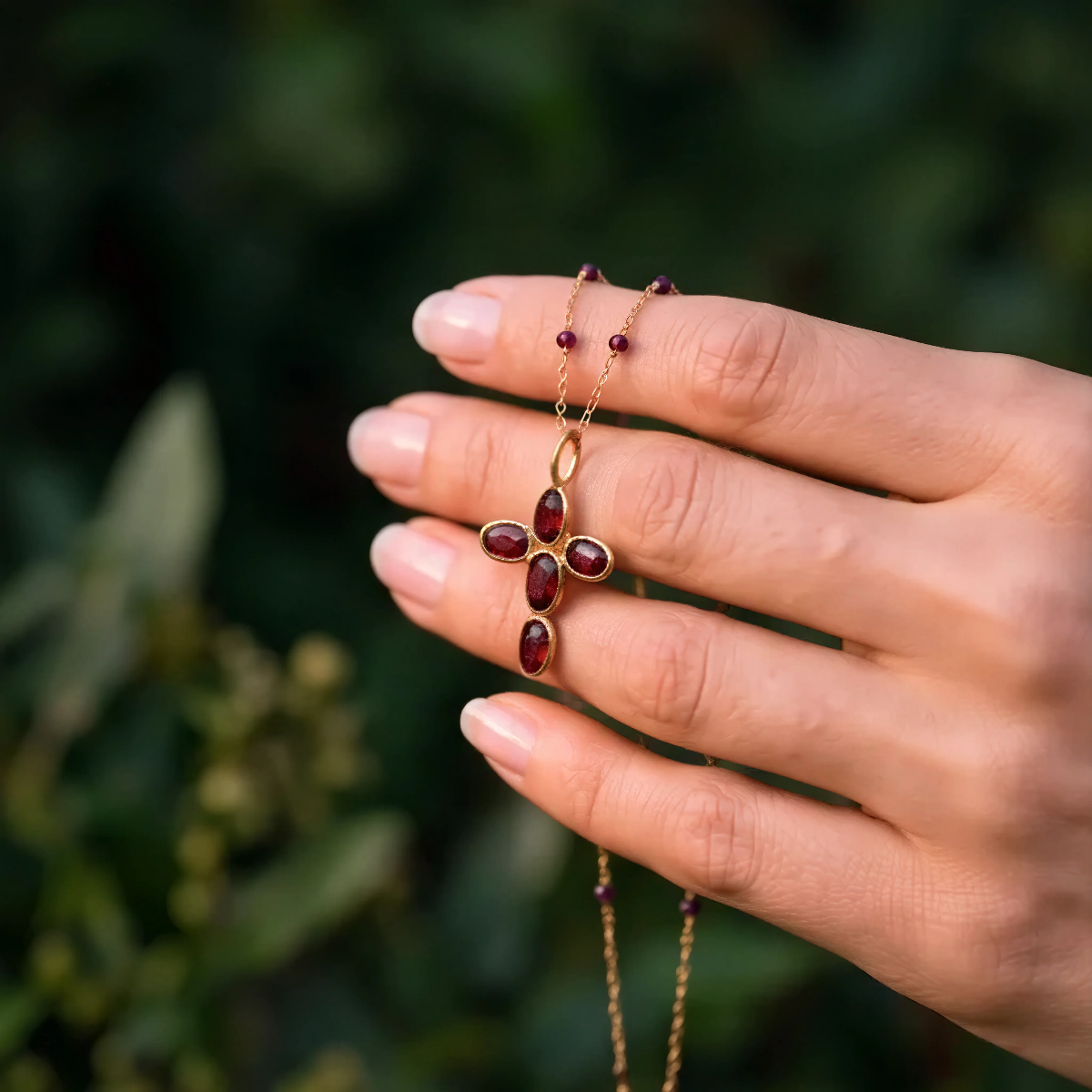 Small Cross Garnet On Short Fancy Garnet Rosary or Satellite chain