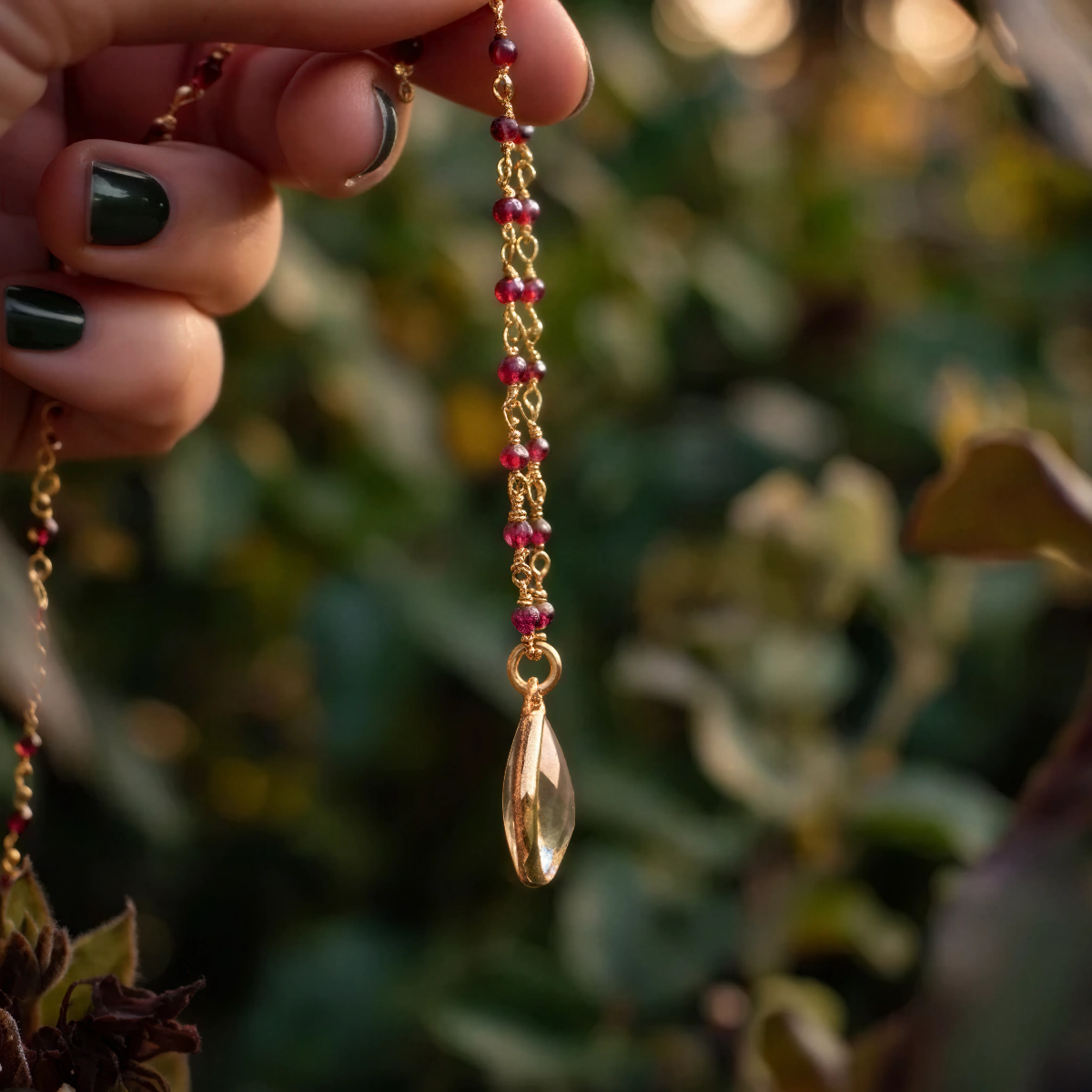 Sweet Citrine freeform pendant on short satellite chain or Rosary Garnet