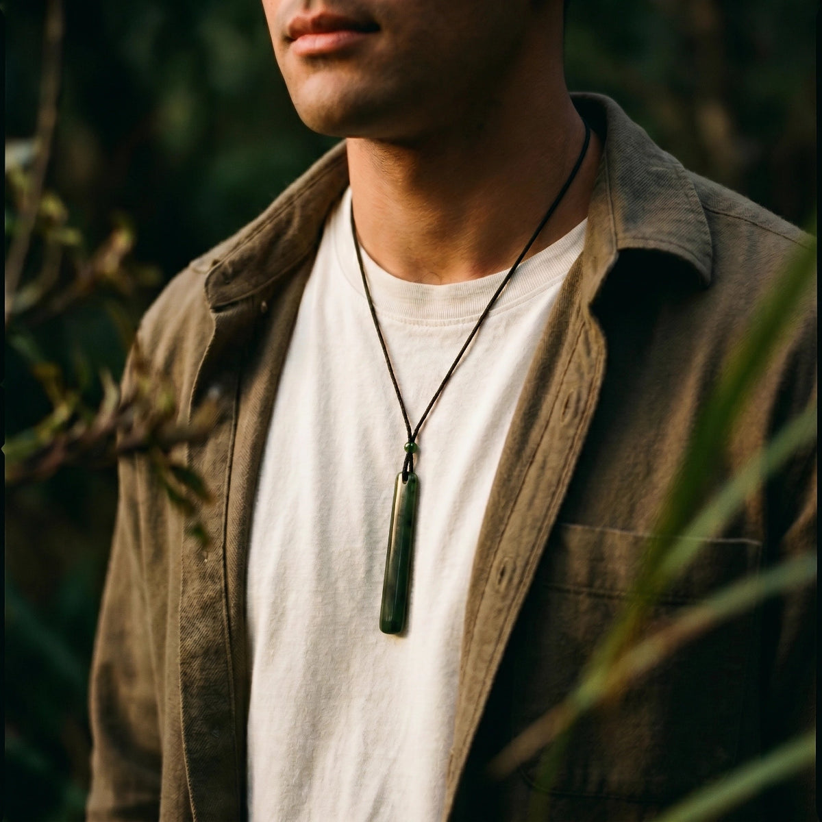 Long Jade Pendant — Adjustable Cord