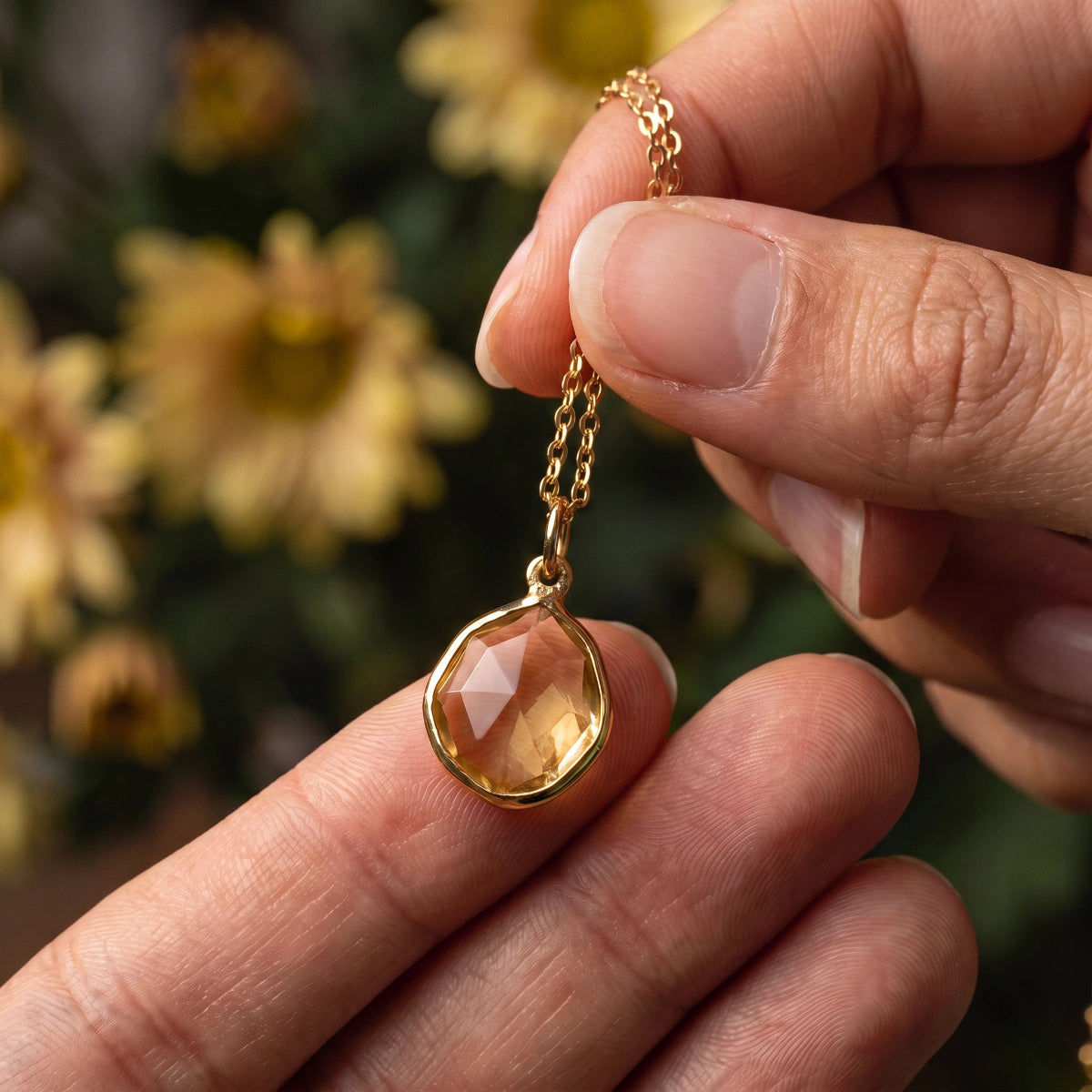 Sweet Citrine freeform pendant on short satellite chain or Rosary Garnet