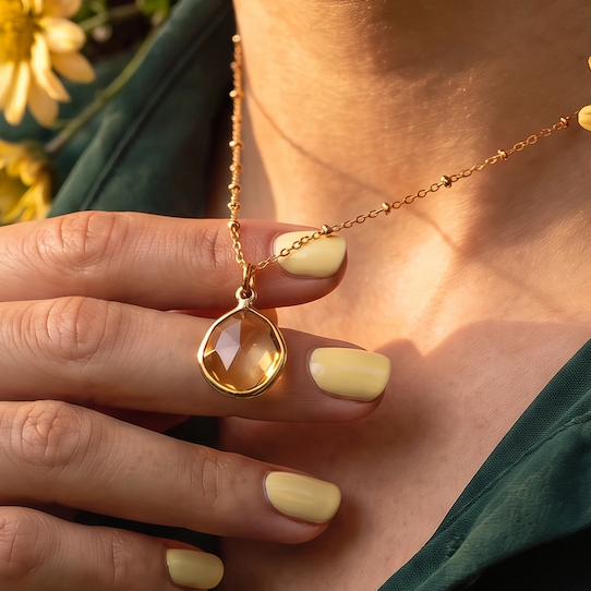Sweet Citrine freeform pendant on short satellite chain or Rosary Garnet