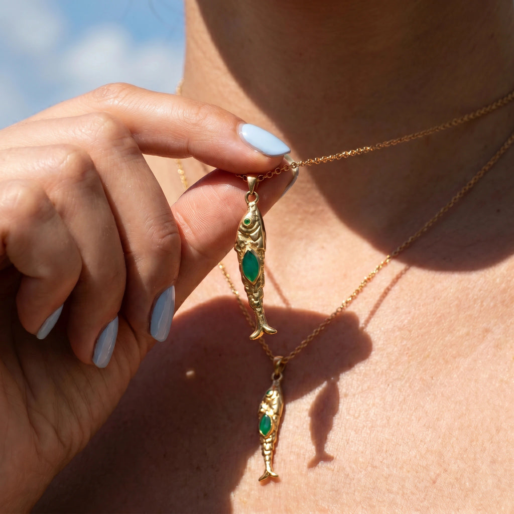 Exotic Green Onyx Or Pink Sillimanite Fish Pendant On Long Baby Belcher Chain
