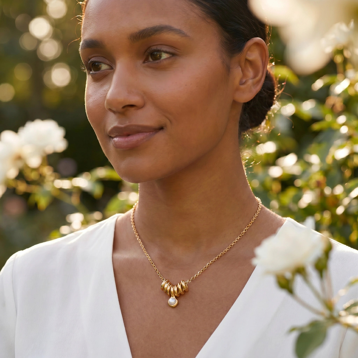 Multi Ring Pearl Pendant On Short Baby Belcher Chain