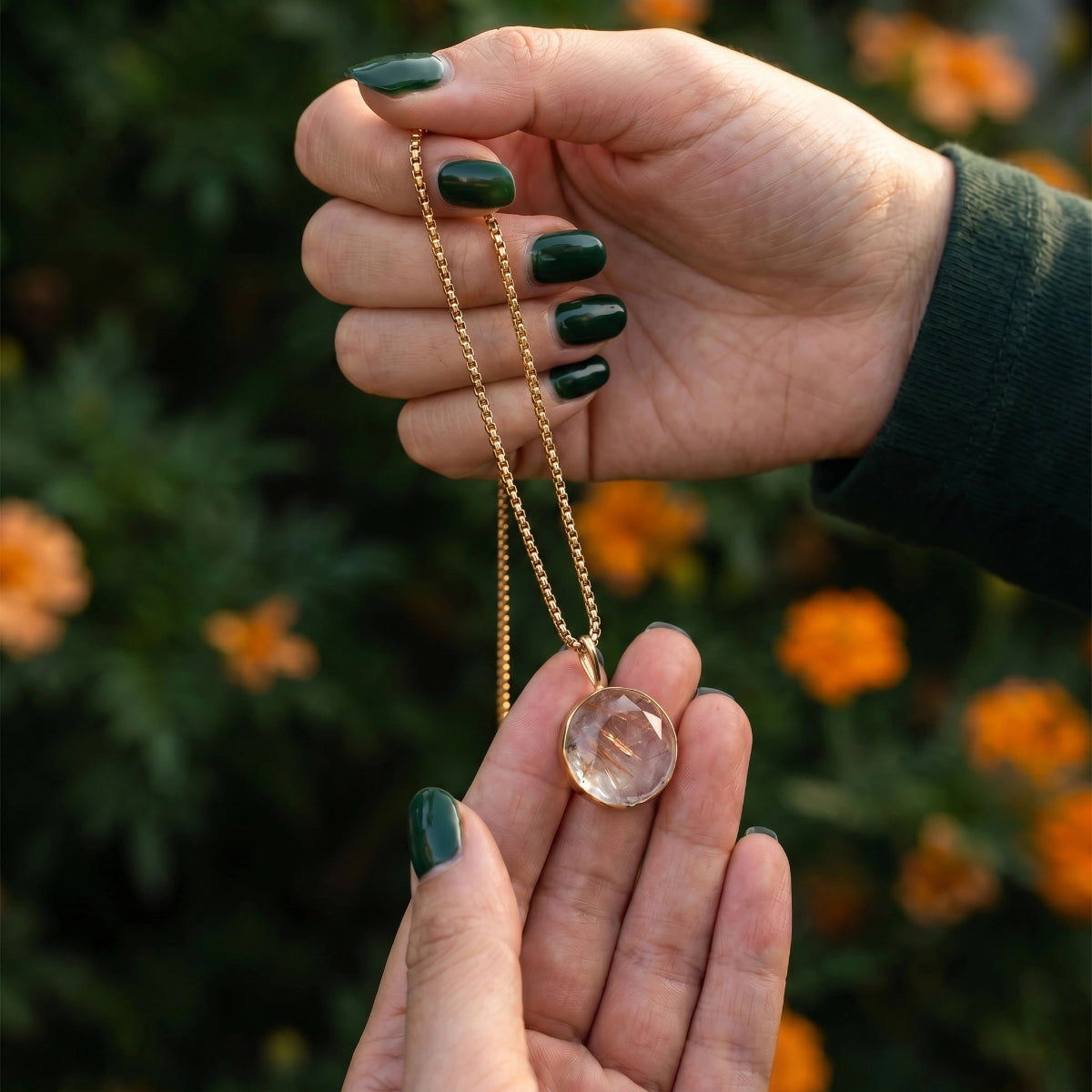 Unique Small Rutilated Quartz Round Pendant On Short Box Chain
