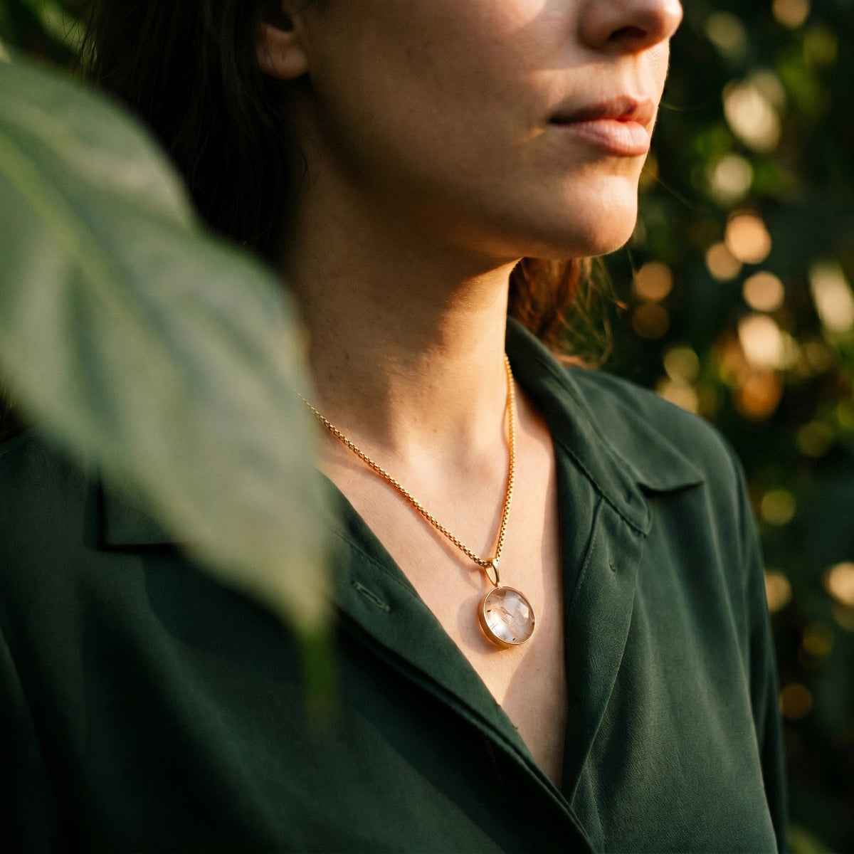 Unique Small Rutilated Quartz Round Pendant On Short Box Chain