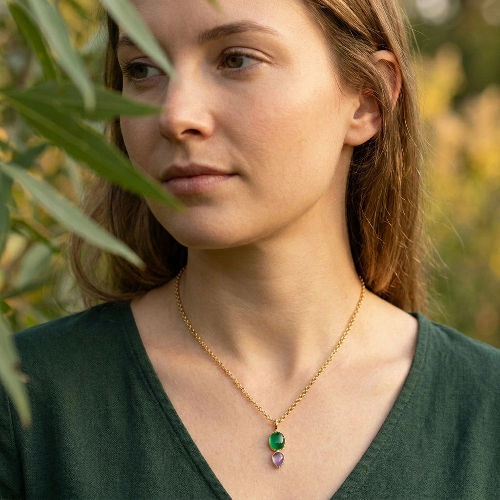 Shakti Green Onyx And Amethyst Pendant On Long Baby Belcher Chain