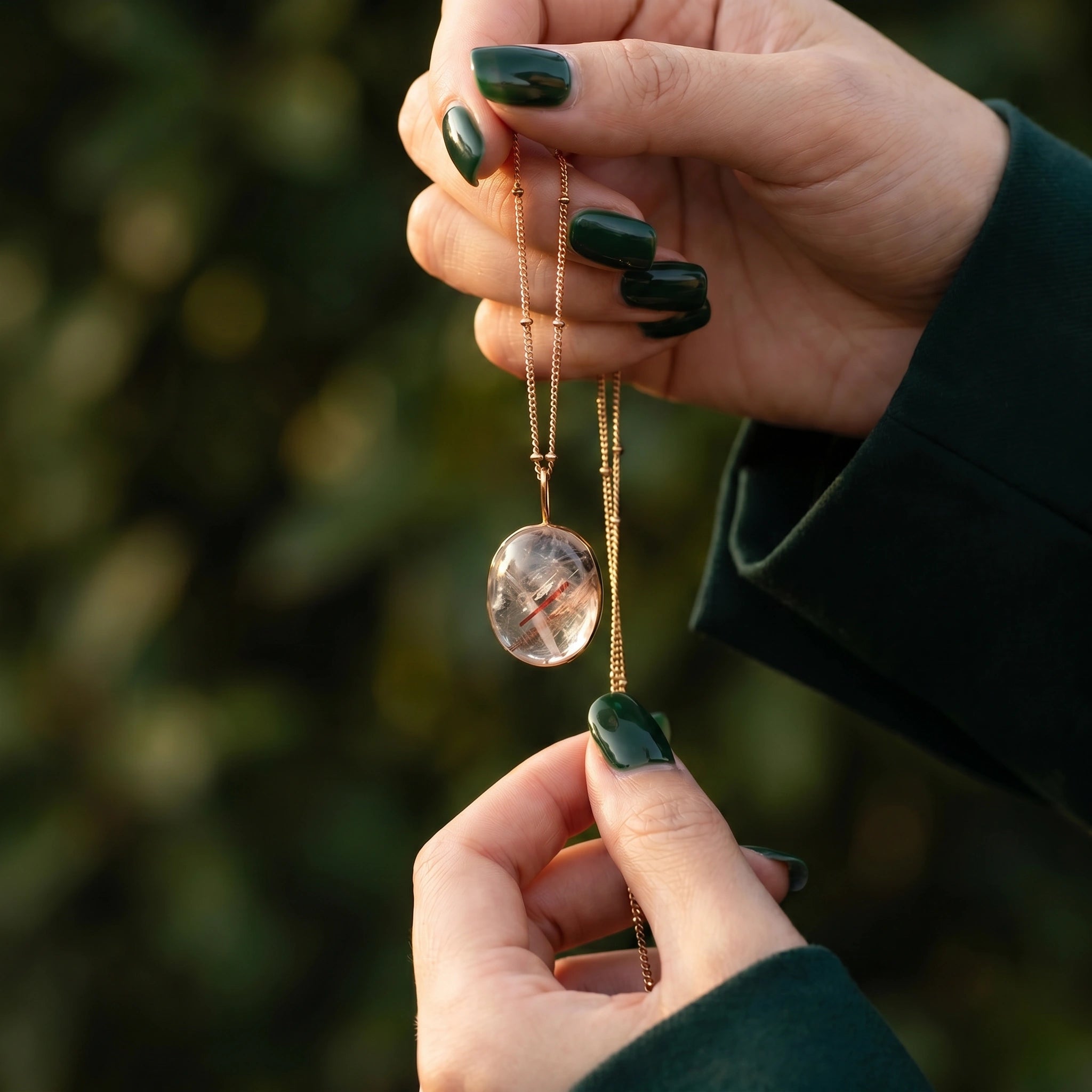 Unique Raised Cabochon Rutilated Quartz Pendant With Brown Needles On Long Biba Chain