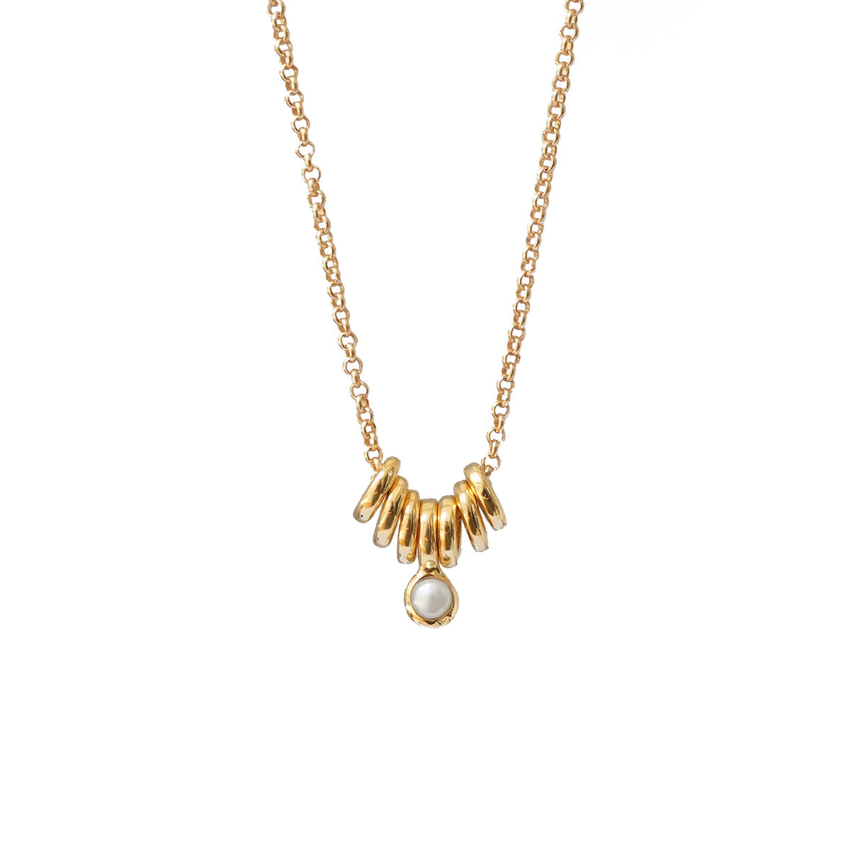 Multi Ring Pearl Pendant On Short Baby Belcher Chain