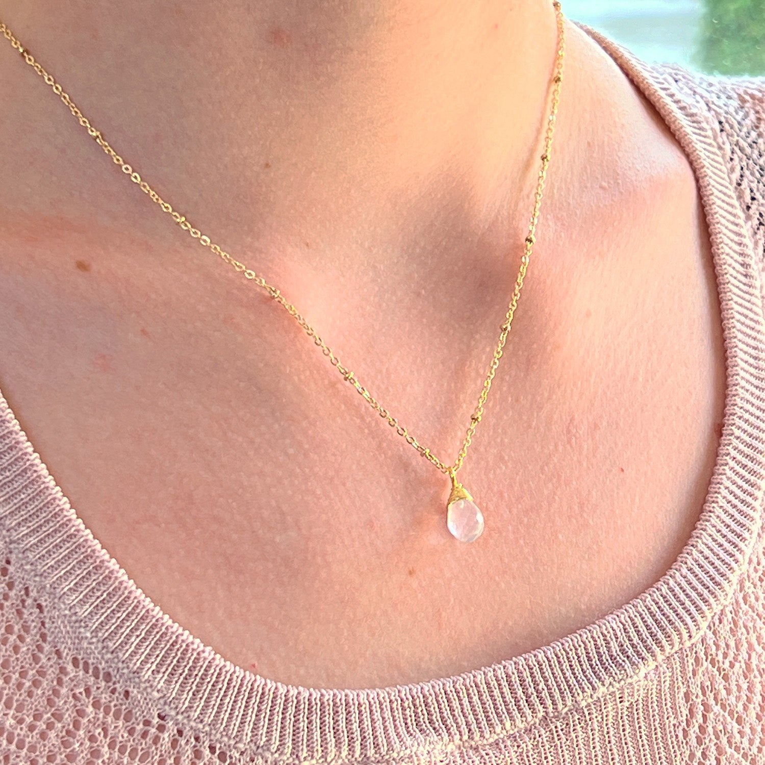 Natural Ice Quartz Crystal Faceted Drop On Short Satellite Chain