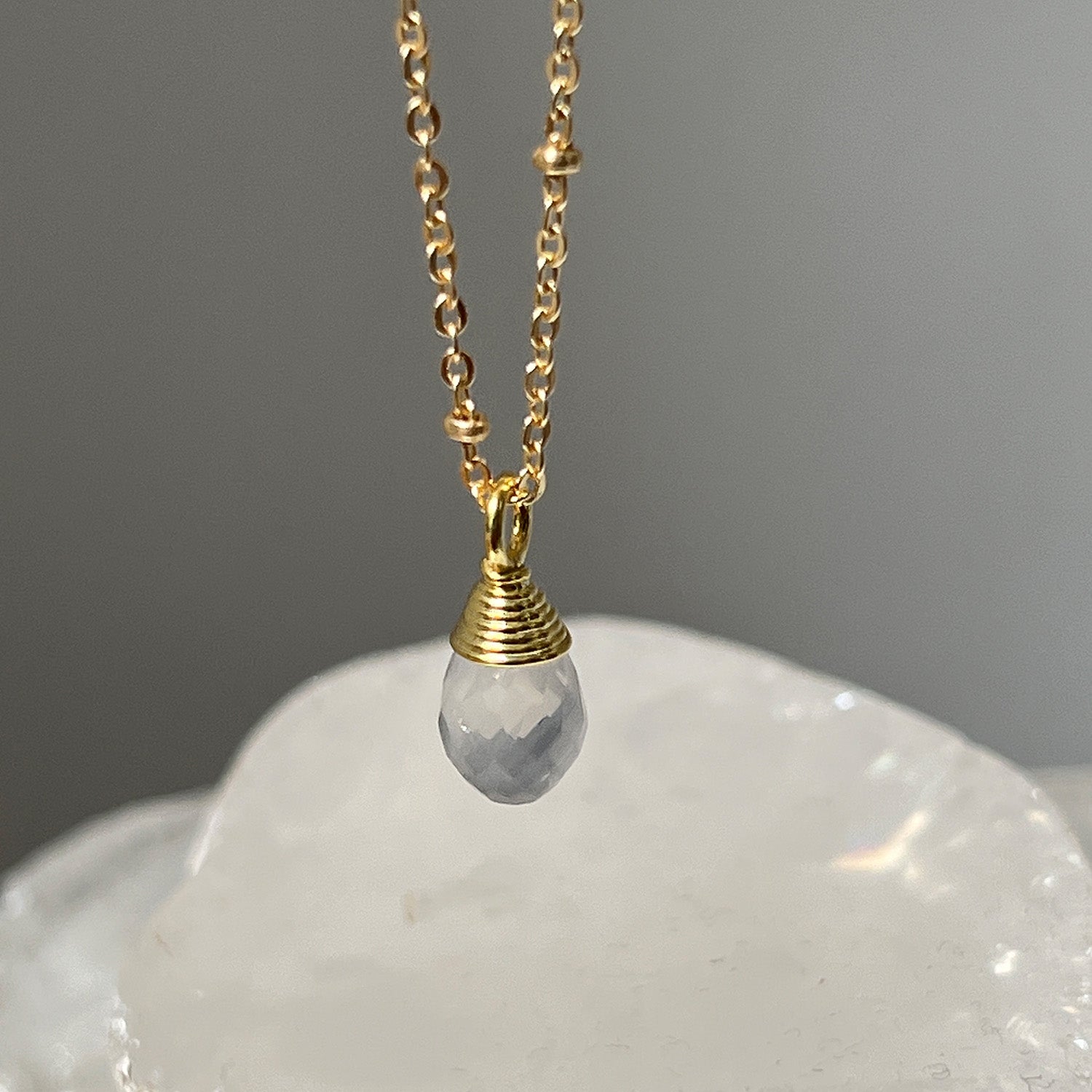 Natural Ice Quartz Crystal Faceted Drop On Short Satellite Chain